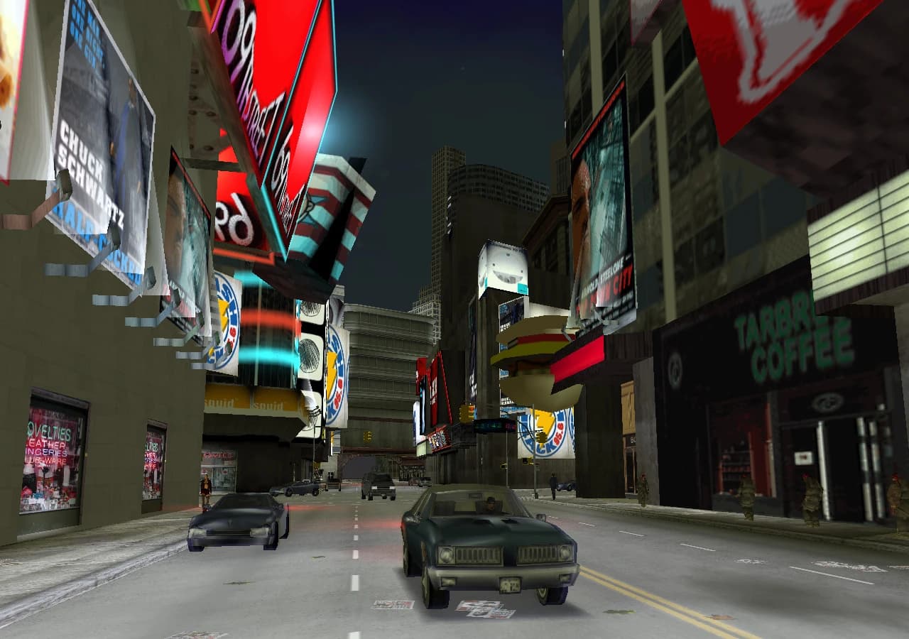 Bedford Point on Staunton Island at night, a canyon of illuminated billboards and shopfronts above the traffic.