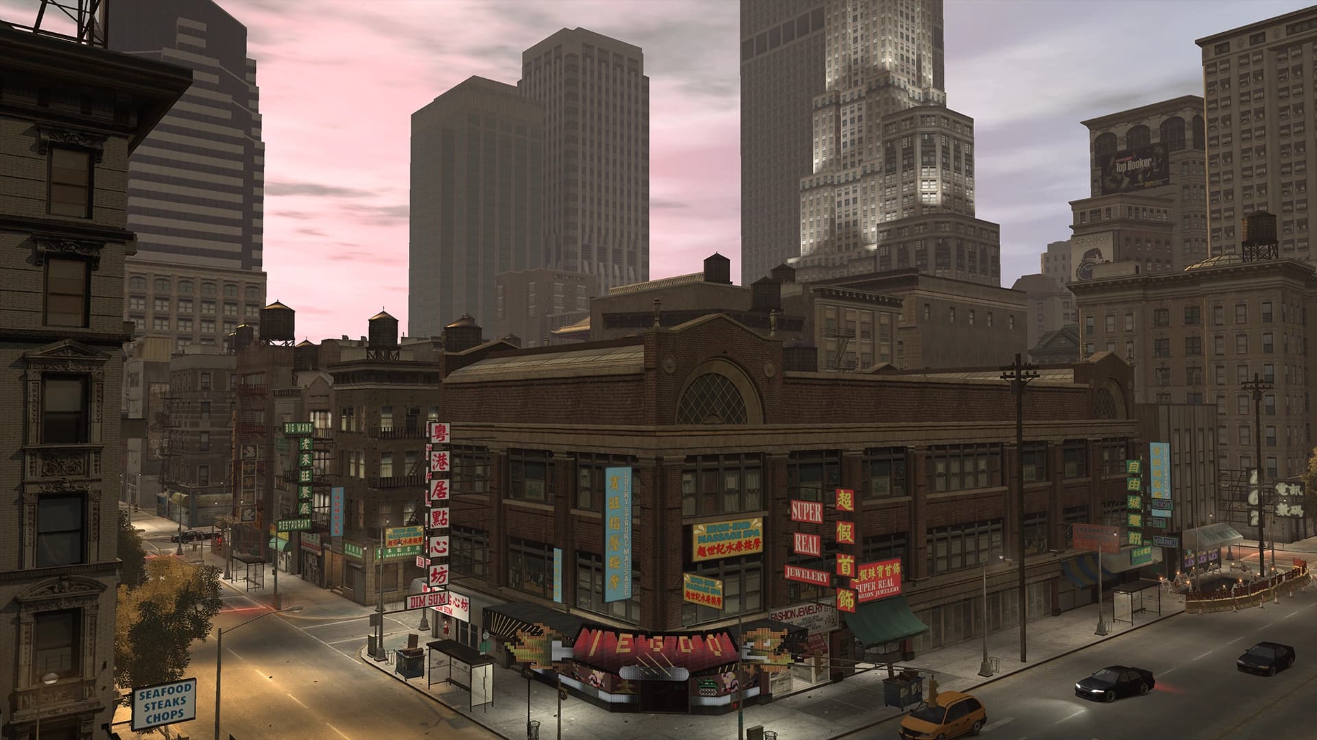 Chinatown in southern Algonquin, signage crowding a street under the shadow of taller blocks.