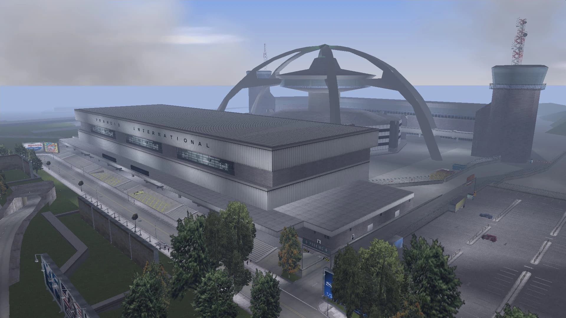 Francis International Airport on Shoreside Vale, its terminal and arched canopy beside the water.
