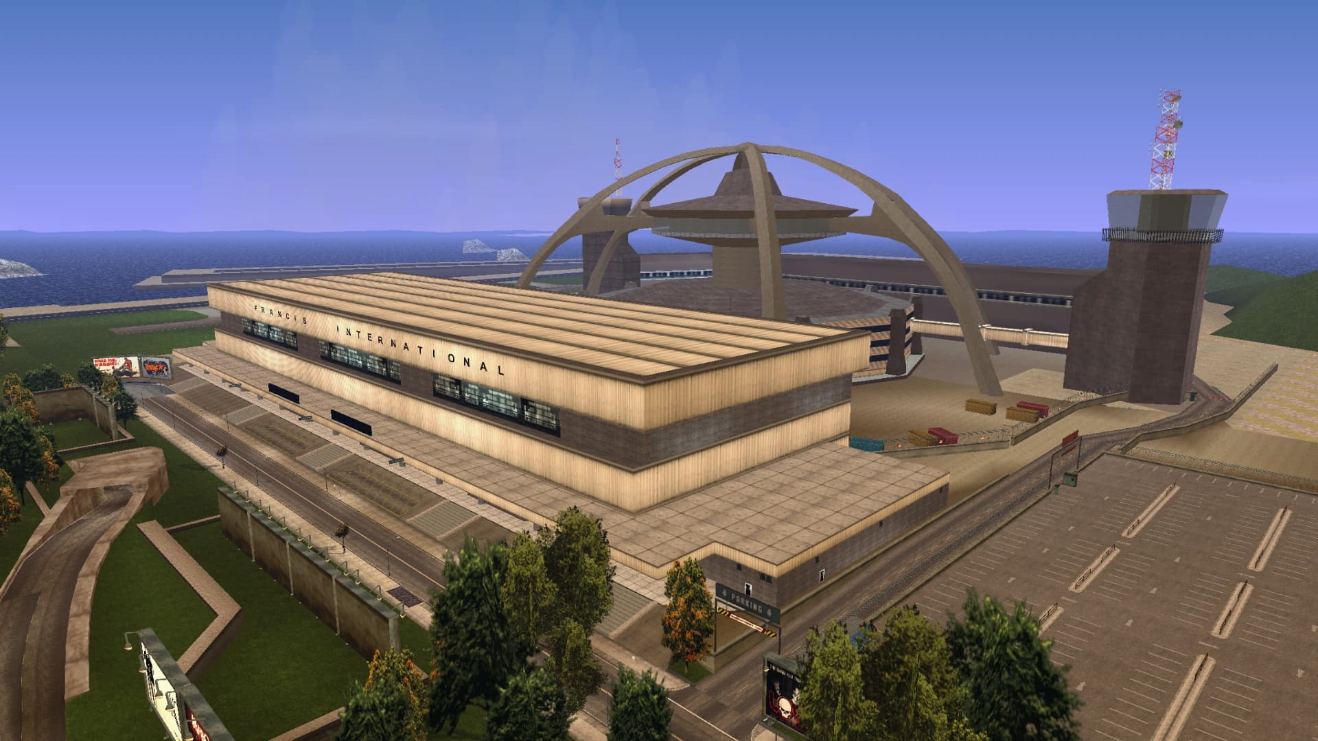 Francis International Airport, the terminal block lettered along its face with the control tower beside it.