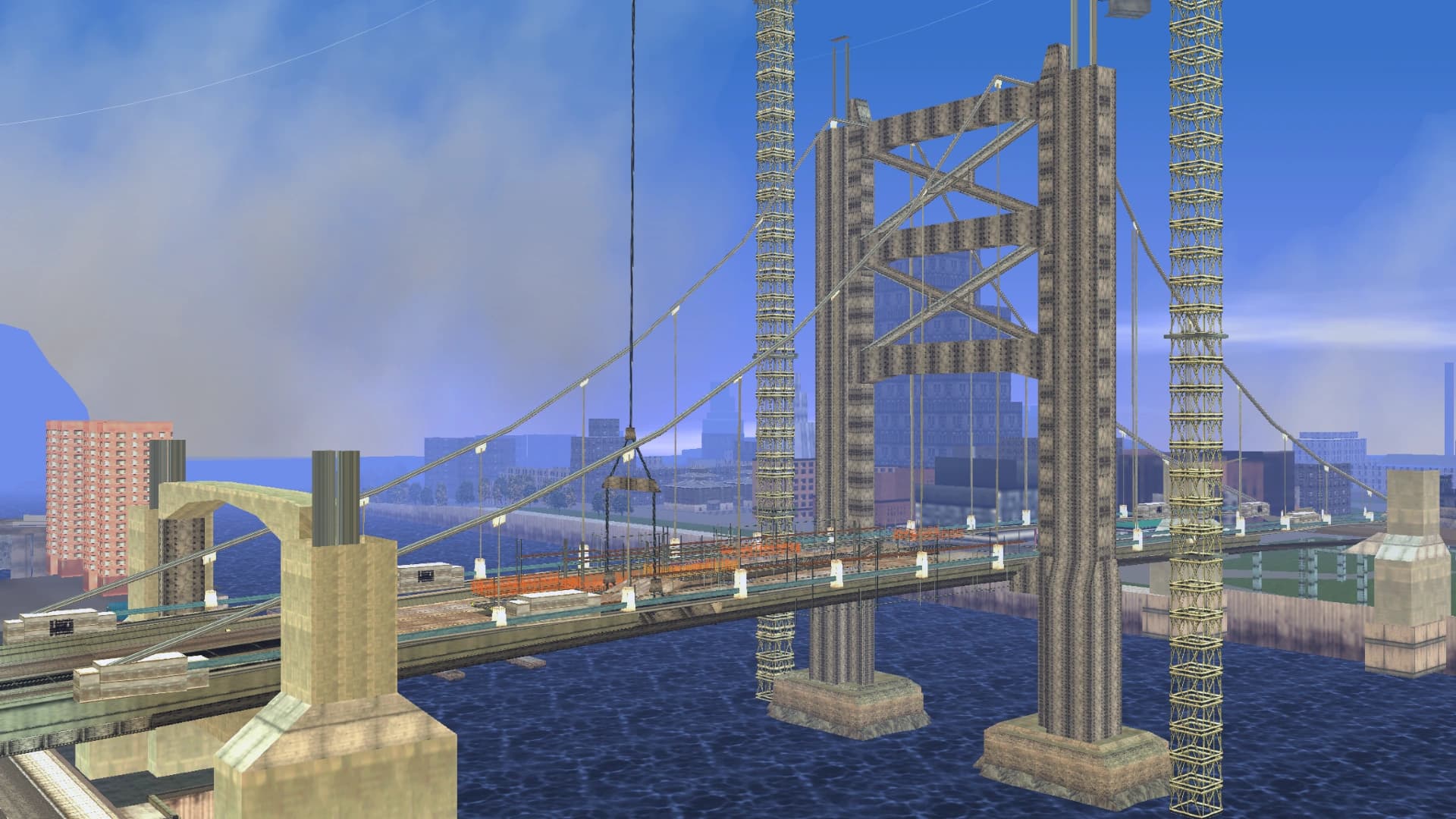 The Callahan Bridge part-built, its unfinished deck reaching out over the water on bare piers.