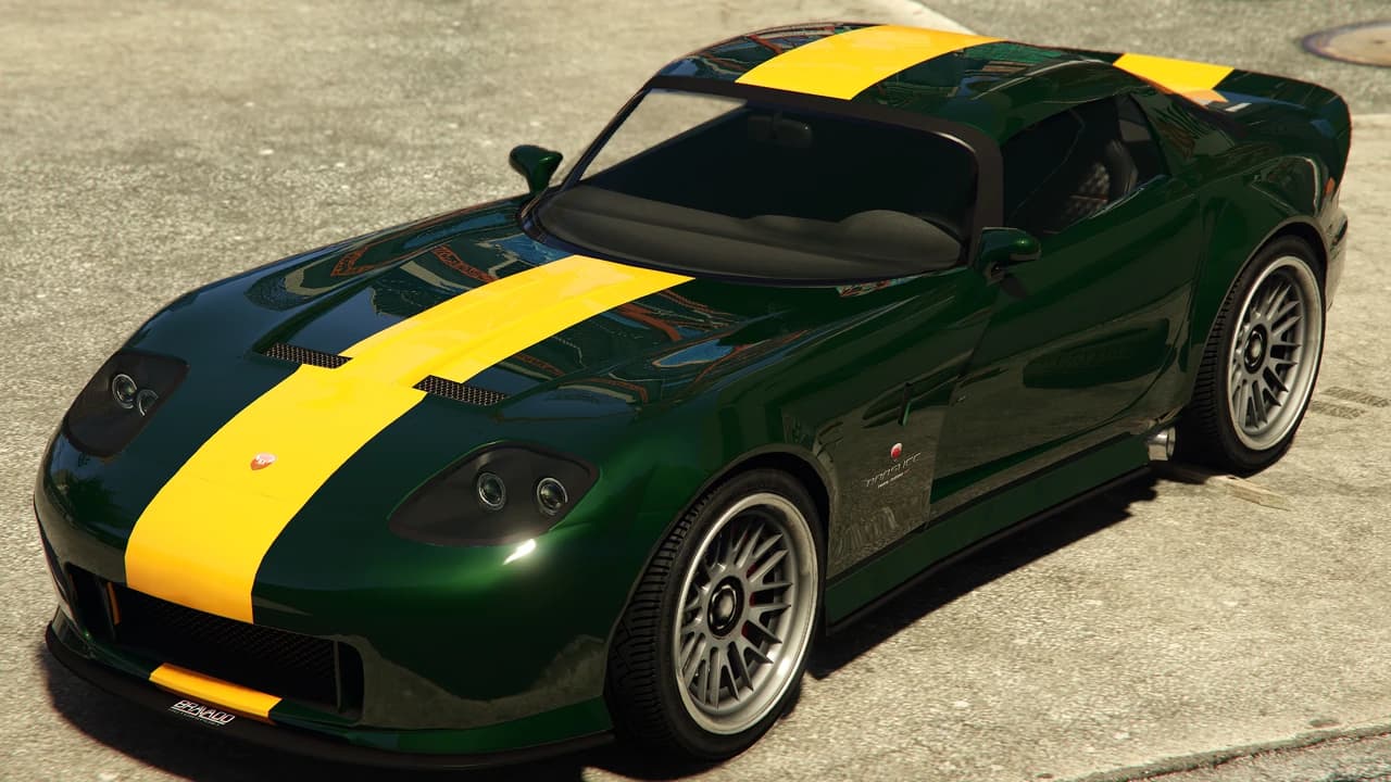 A dark green Bravado Banshee with yellow racing stripes.