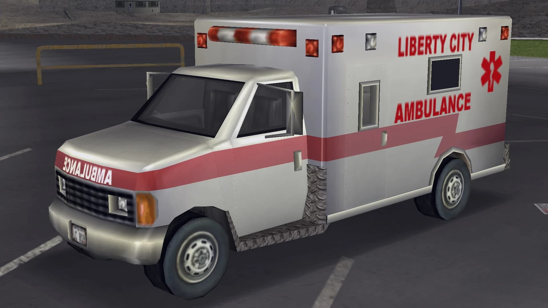 A white and red Liberty City ambulance with a red flash along its side, front three-quarter view.