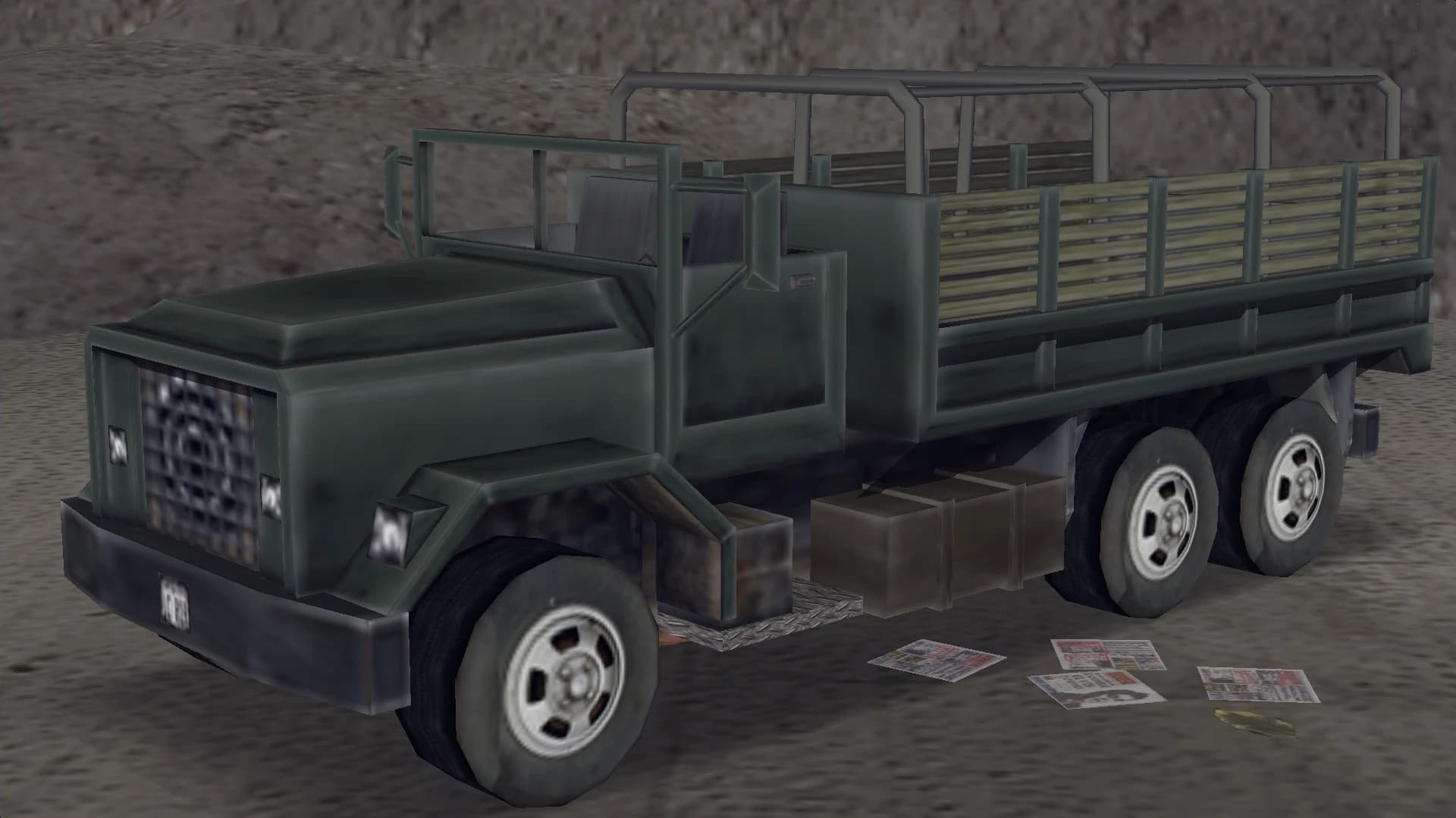 A dark green Barracks OL army truck with slatted wooden sides, front three-quarter view.