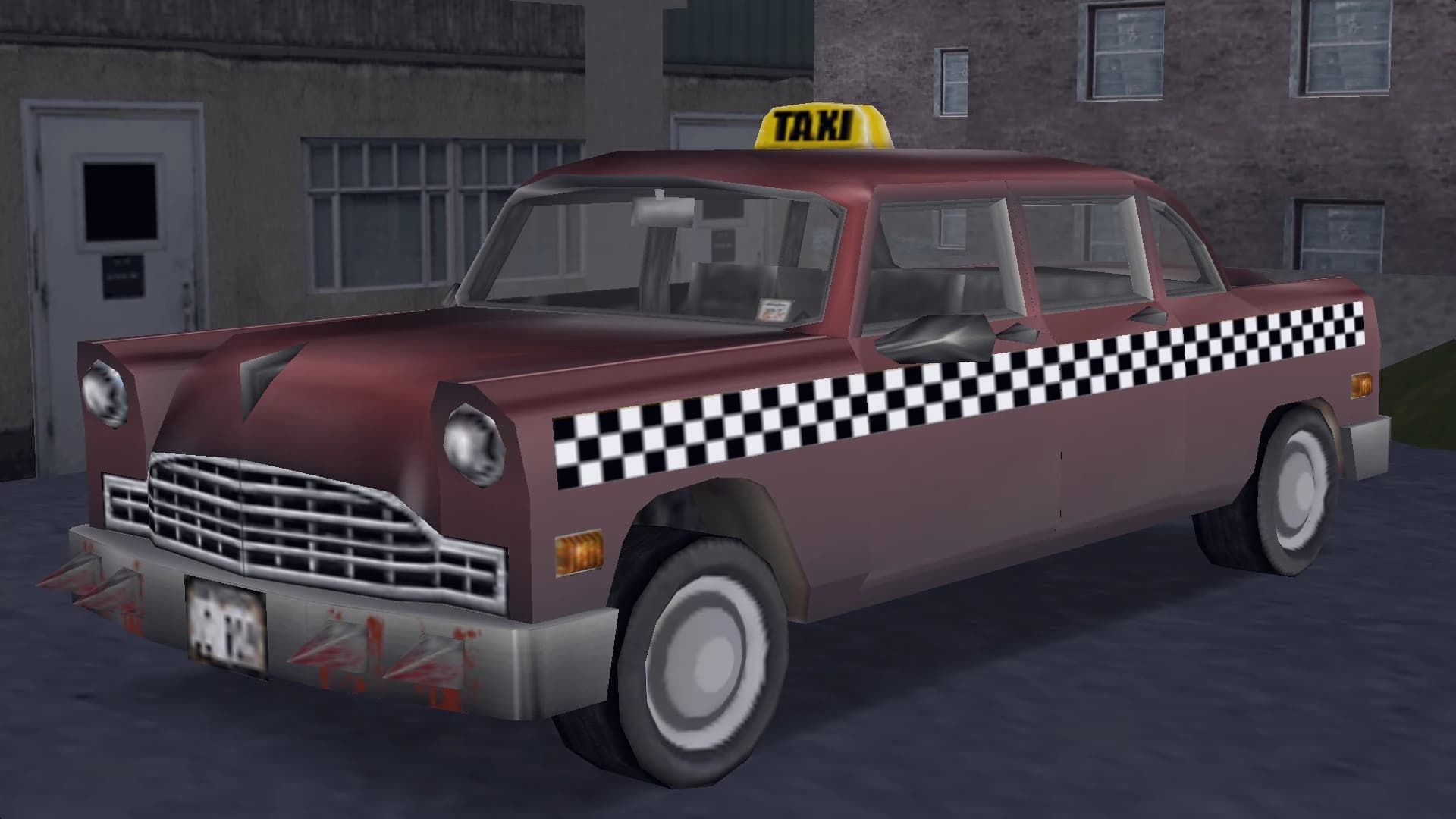 A maroon Borgnine checker cab with a yellow TAXI roof sign, front three-quarter view.