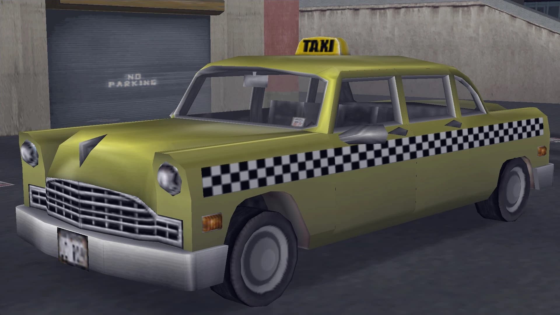 A yellow Cabbie with a chequered side stripe and a lit TAXI roof sign, front three-quarter view.