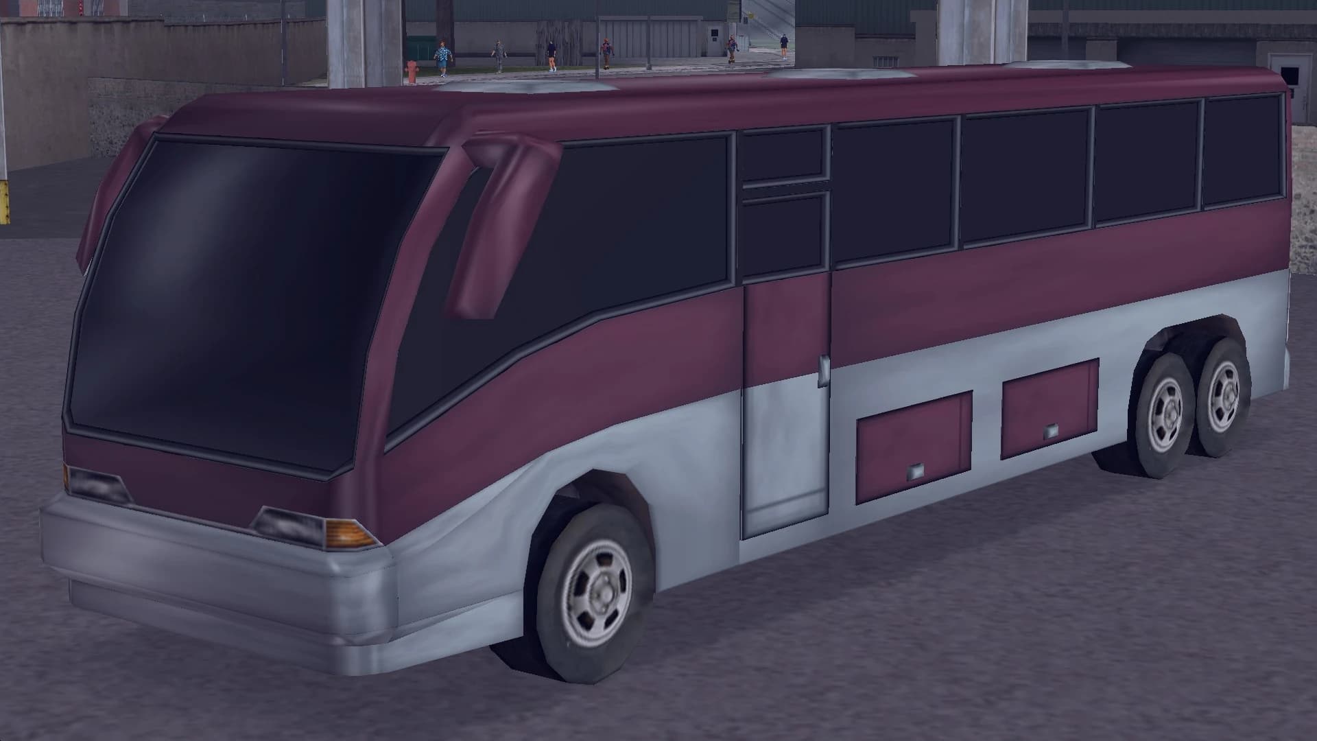 A maroon and white Coach, front three-quarter view.