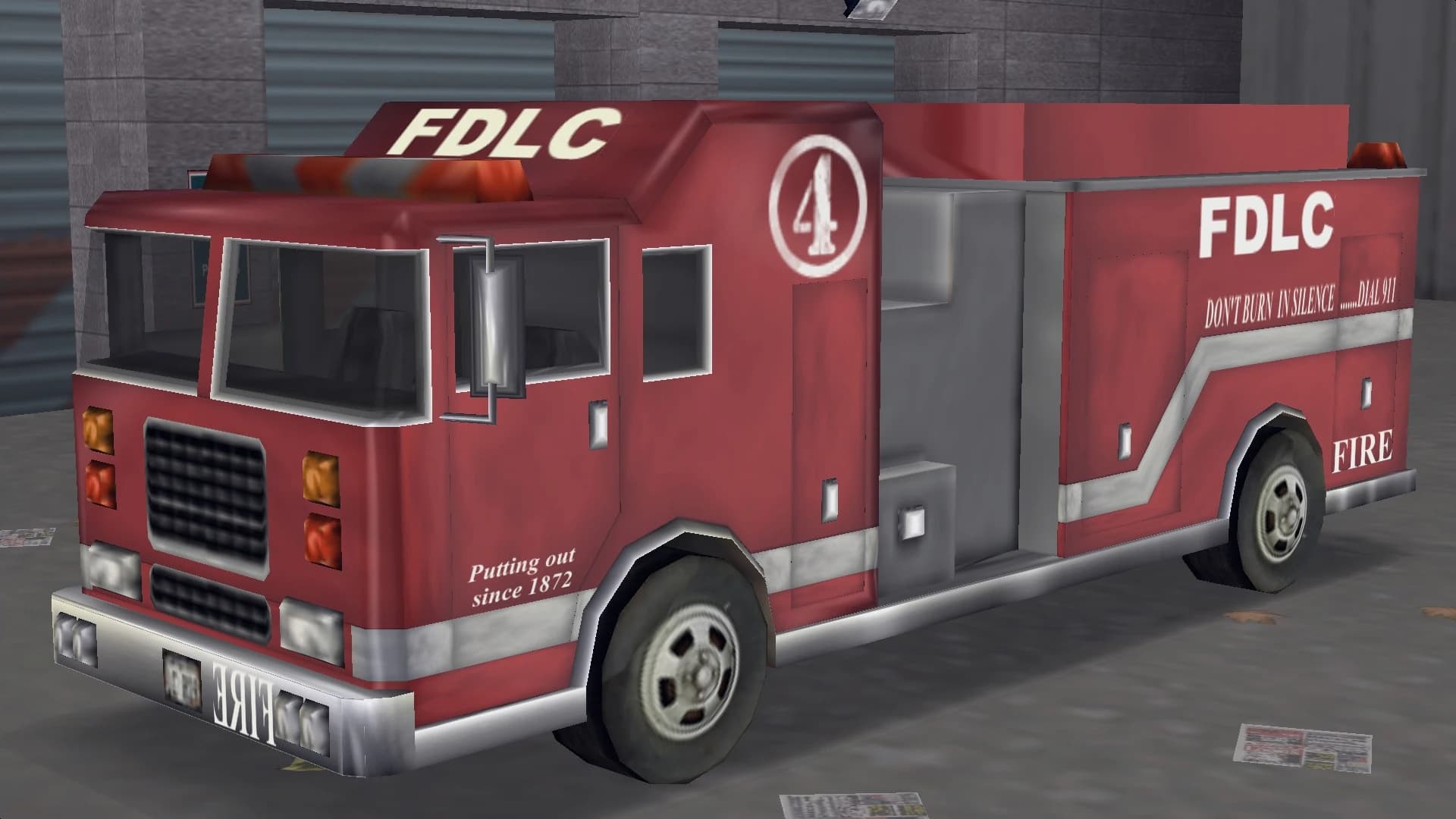 A red FDLC fire engine, front three-quarter view.