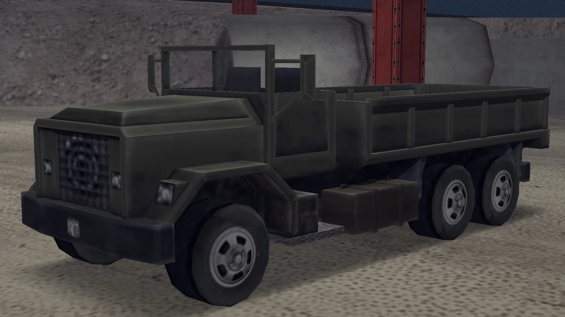A dark green Flatbed lorry with metal drop sides, front three-quarter view.