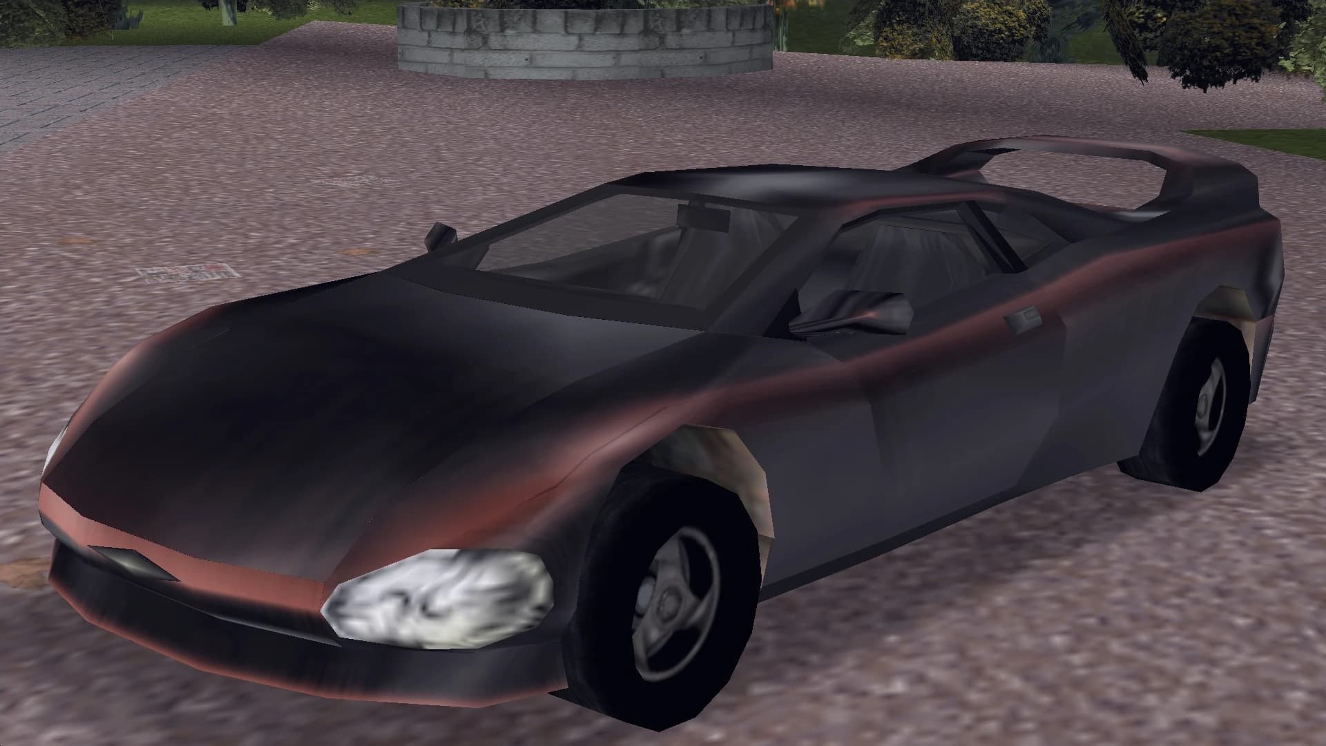 A dark Infernus supercar with a raised rear wing, front three-quarter view.