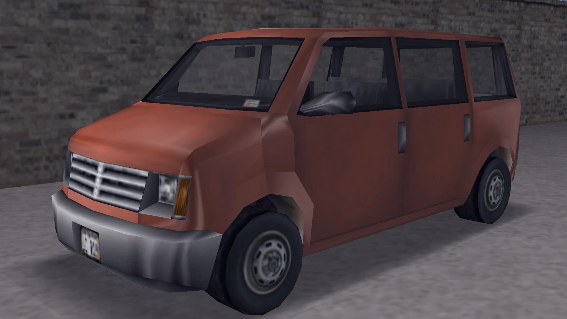 A red-brown Moonbeam van, front three-quarter view.