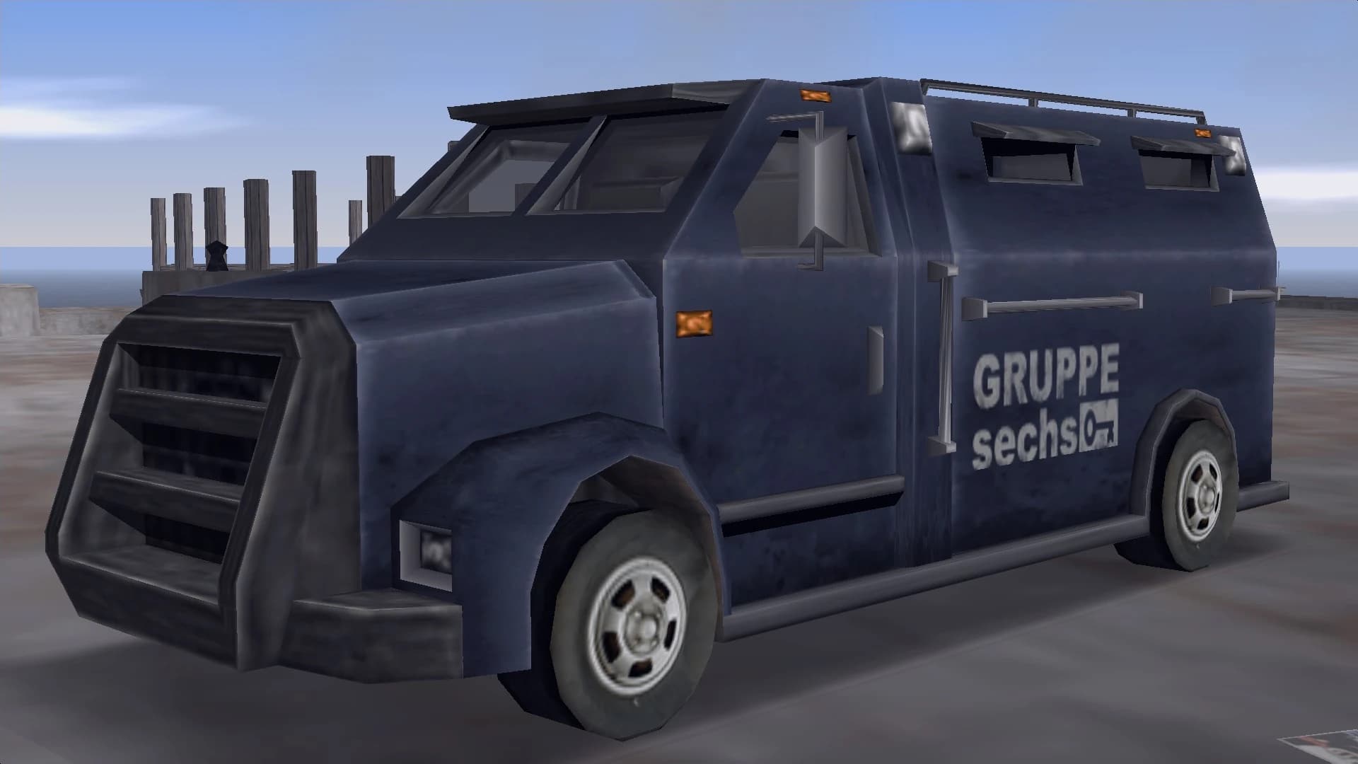 A dark blue Gruppe Sechs Securicar armoured van, front three-quarter view.
