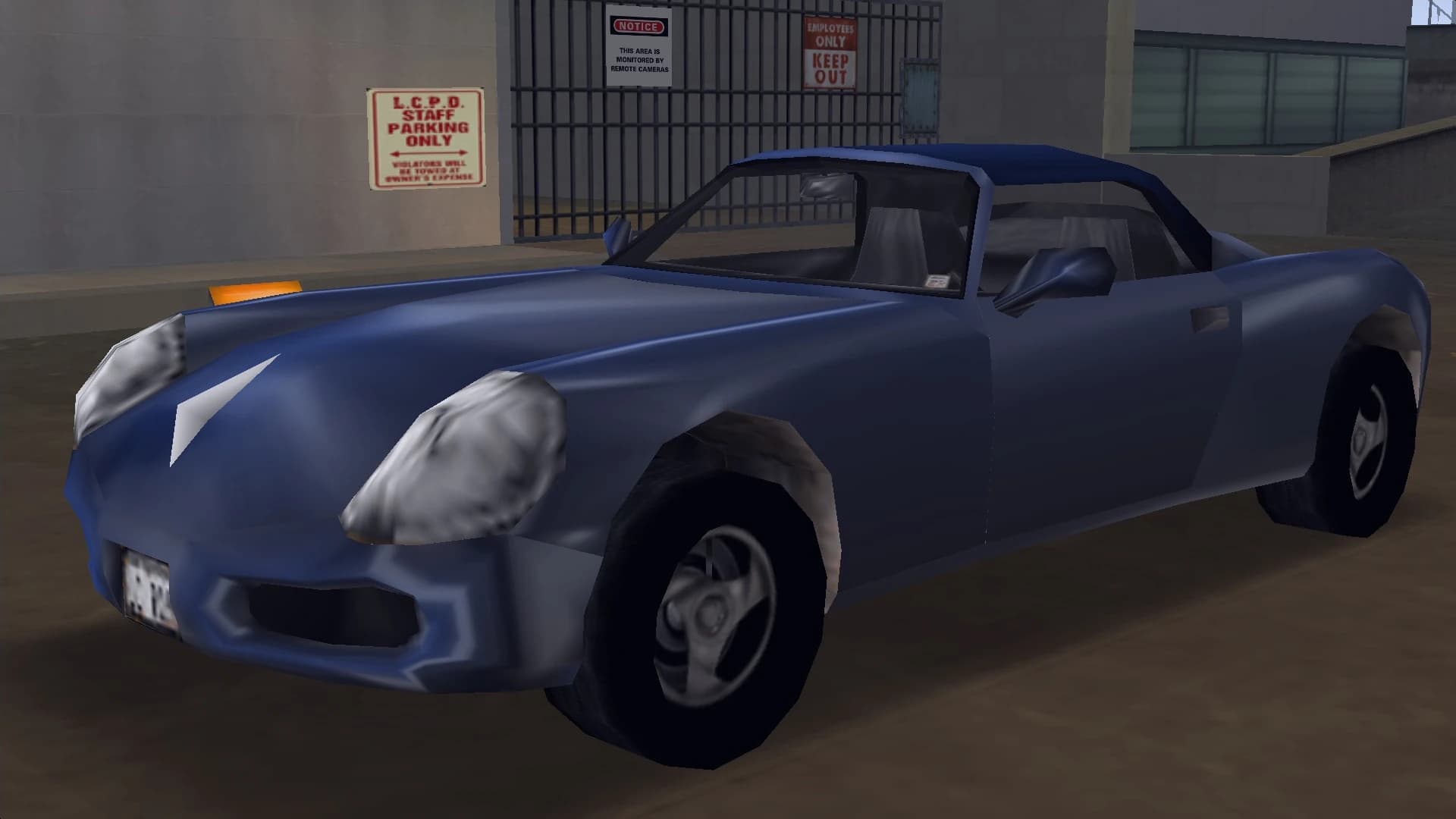 A blue Stinger convertible, front three-quarter view.