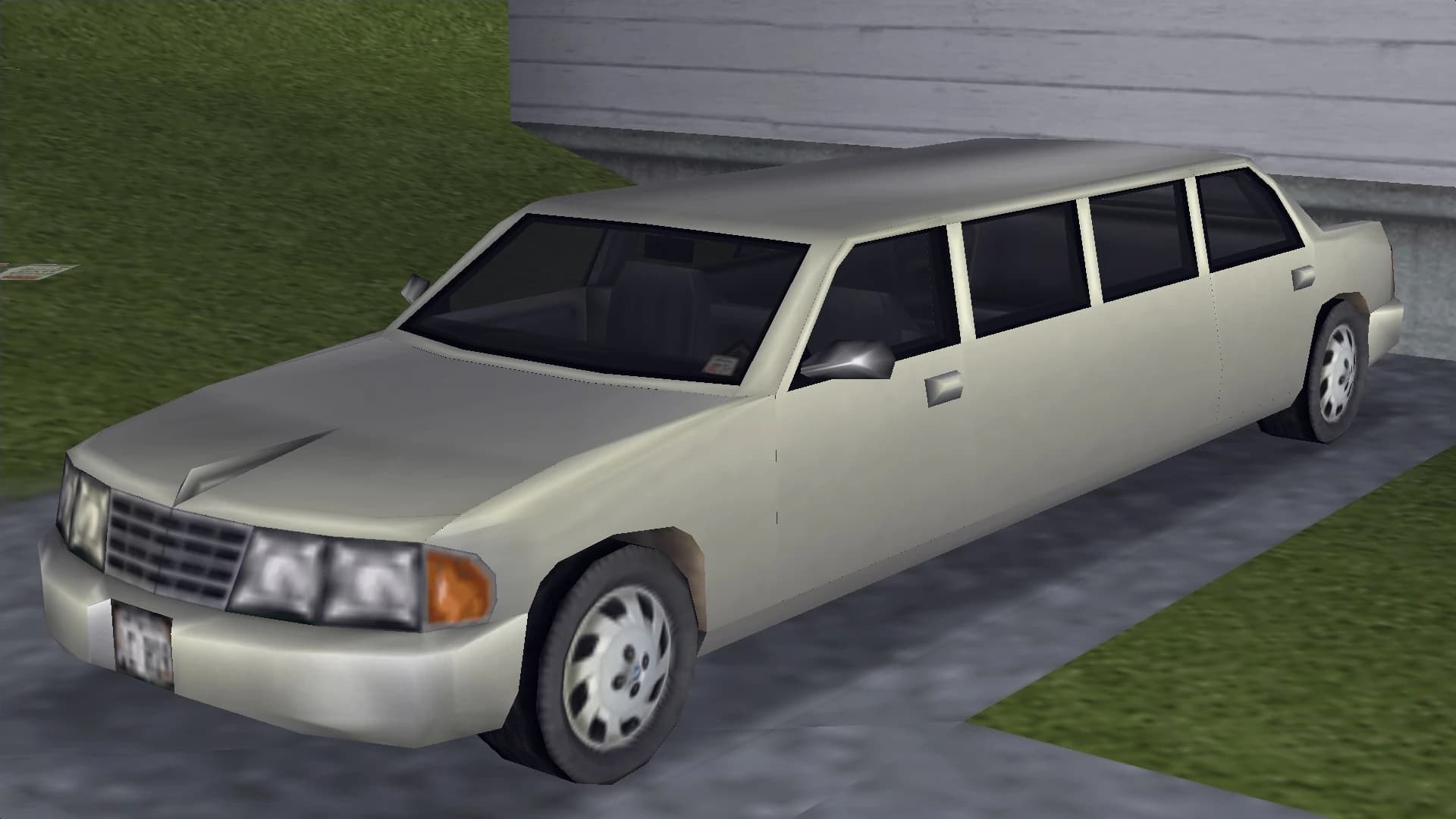 A cream Stretch limousine, front three-quarter view.