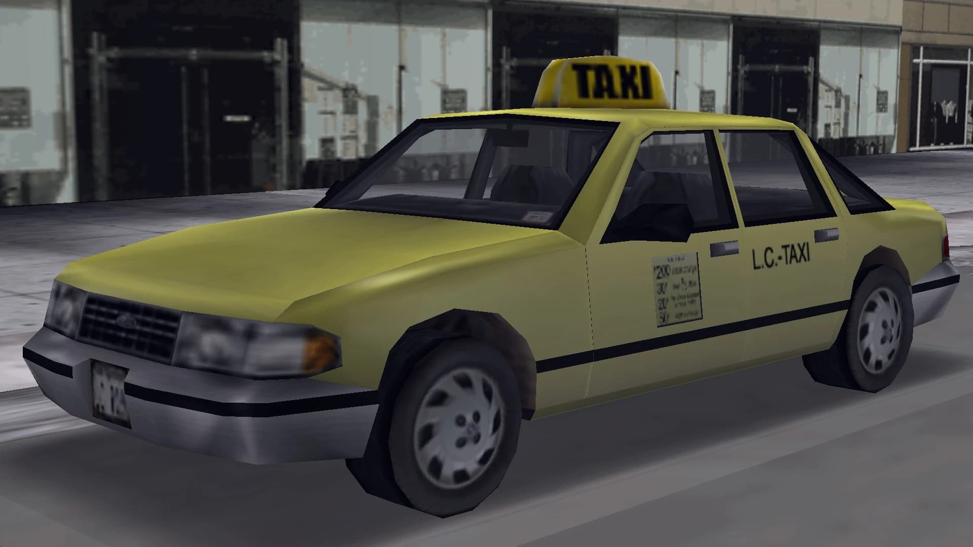 A yellow L.C. Taxi saloon with a lit TAXI roof sign, front three-quarter view.