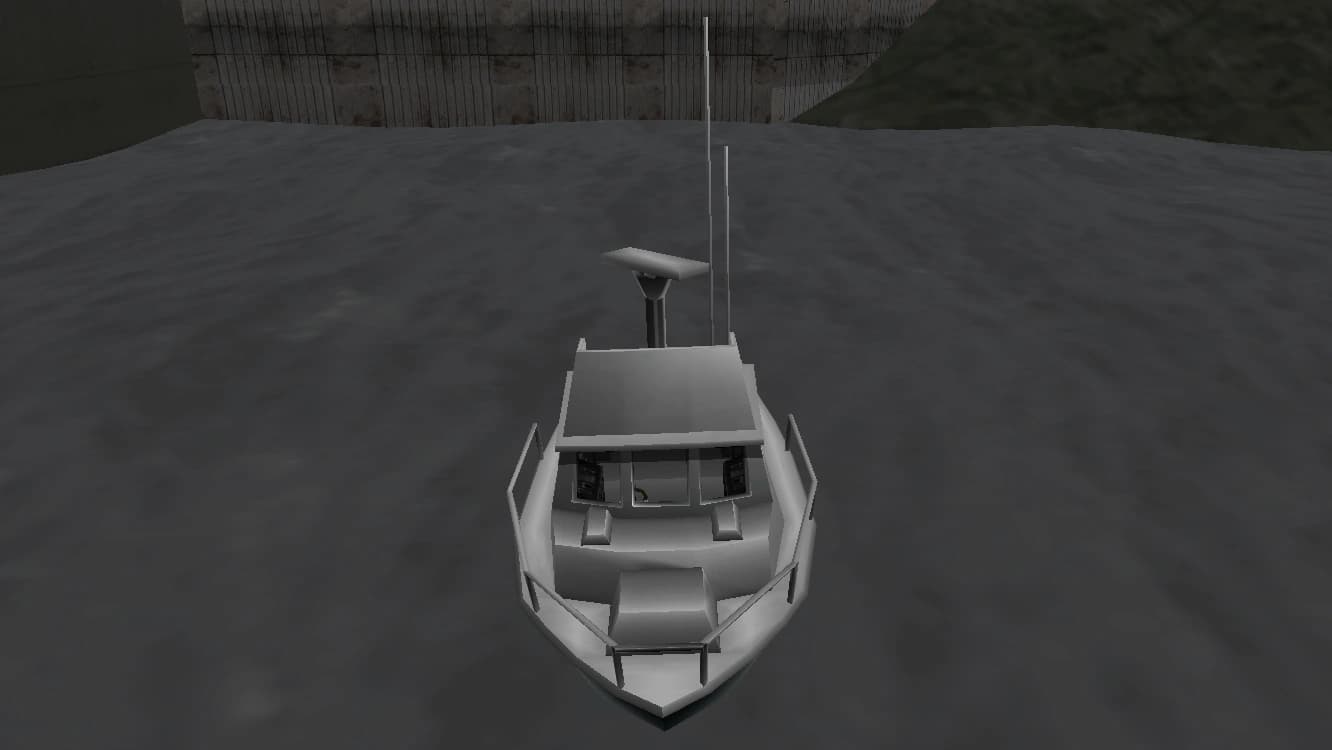 A white Reefer fishing boat on the water, bow-on view.
