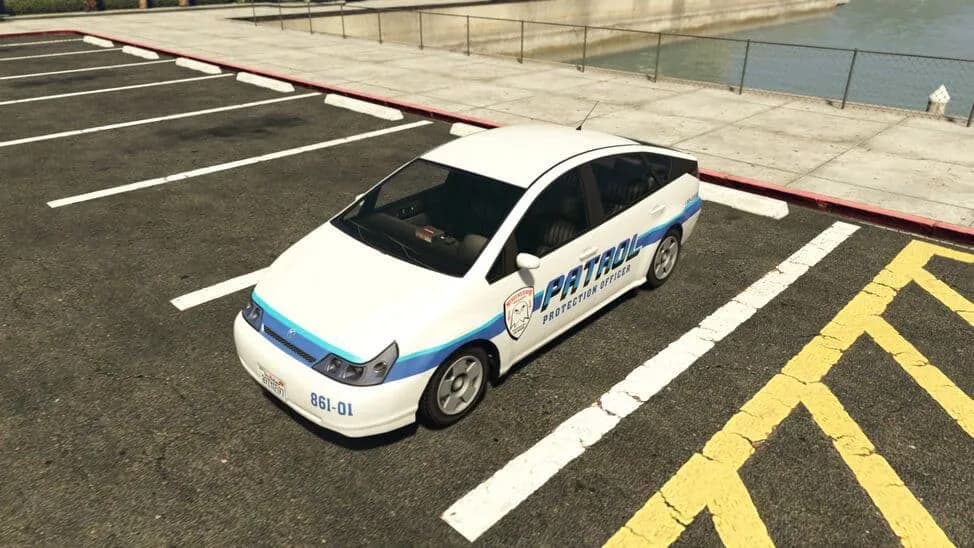 The Karin Dilettante (Merryweather), a white hybrid hatchback in a blue security-patrol livery, parked in a car park, in GTA Online.