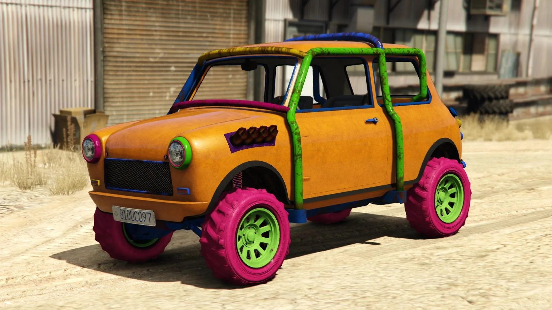 The Weeny Nightmare Issi, an orange classic city car with a green roll cage and pink tyres, parked by a warehouse, in GTA Online.