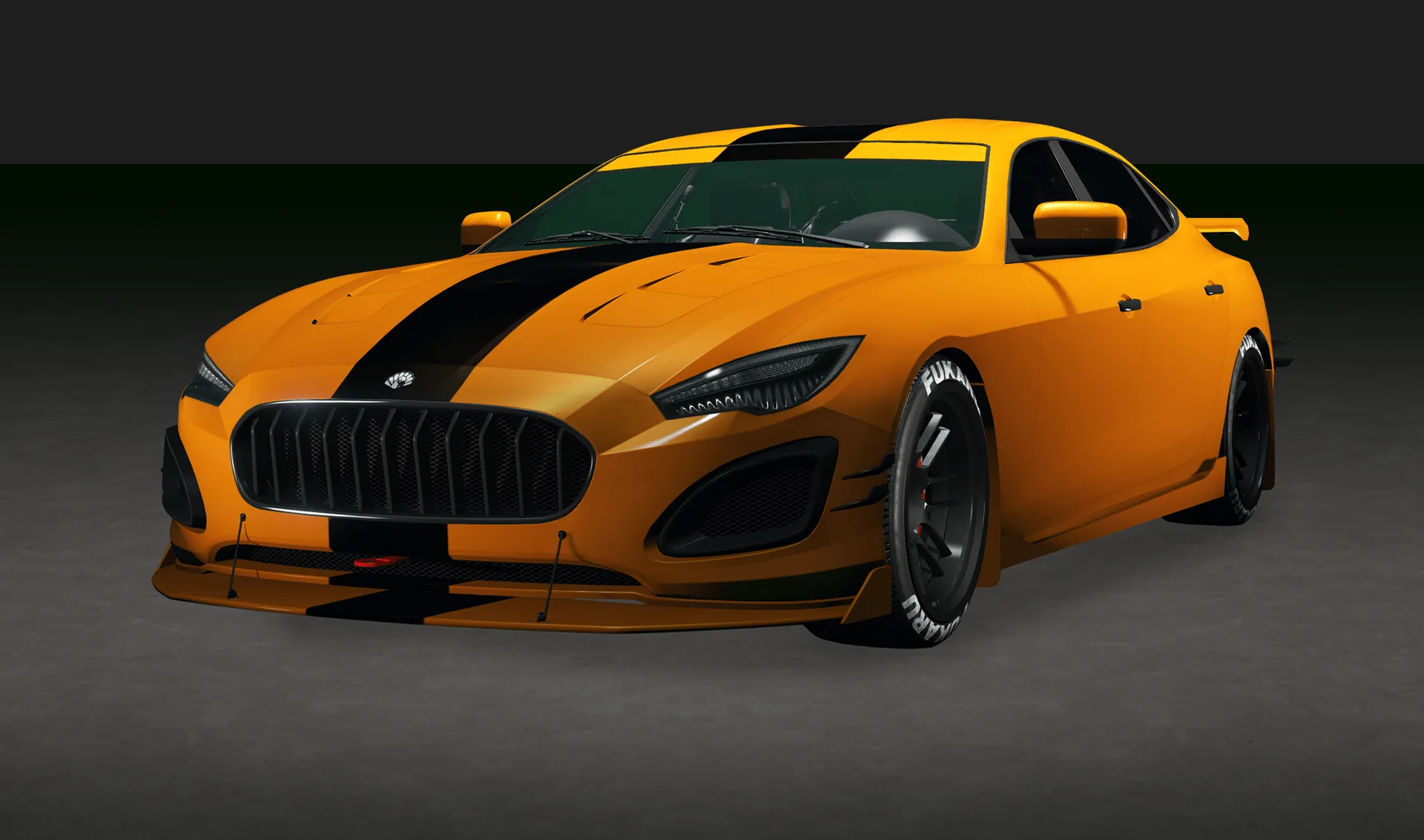An orange Lampadati Cinquemila saloon with a black stripe, front three-quarter view, in GTA Online.