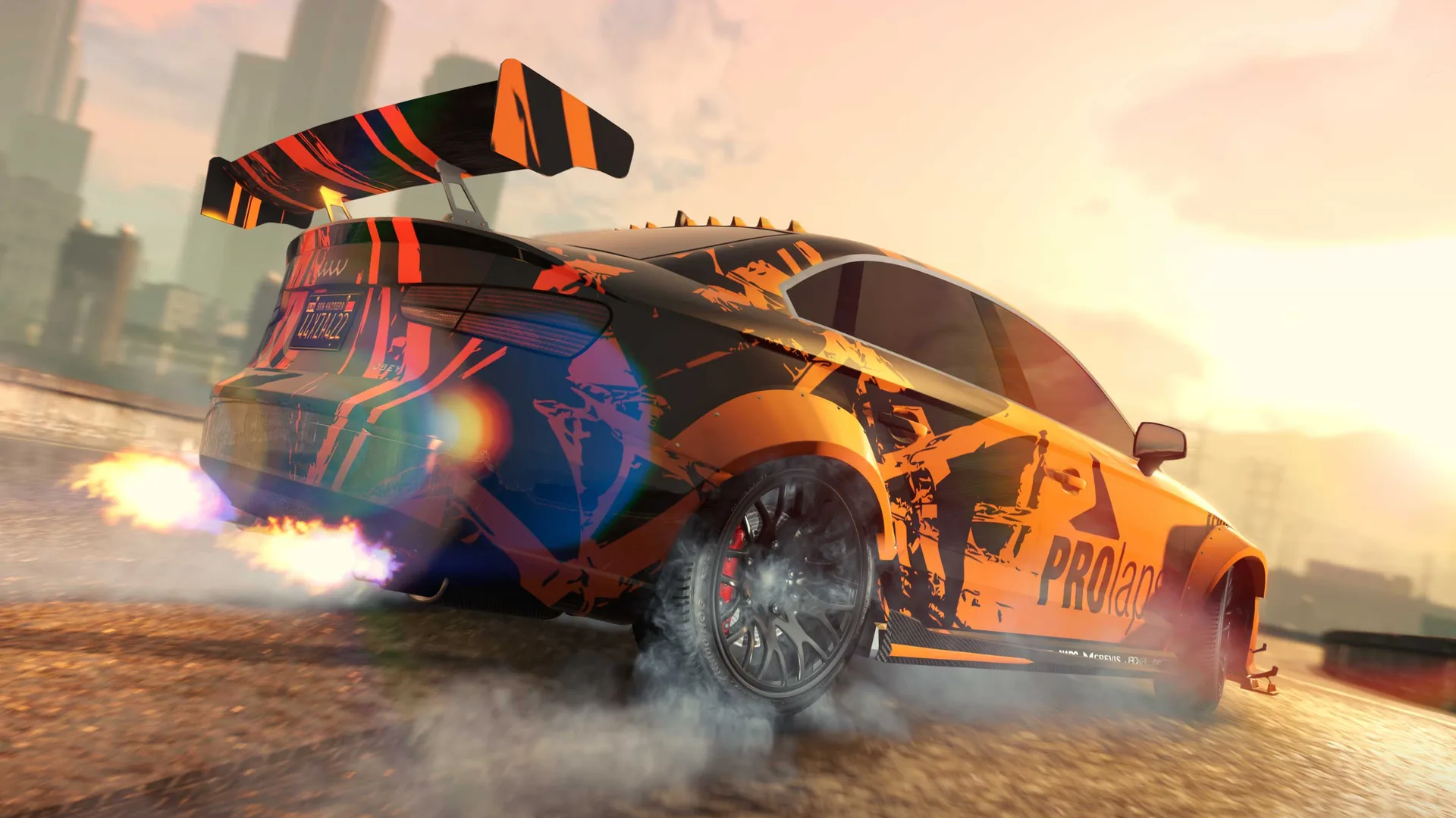 An orange and black Obey Tailgater S with a large rear wing, drifting, rear three-quarter view, in GTA Online.