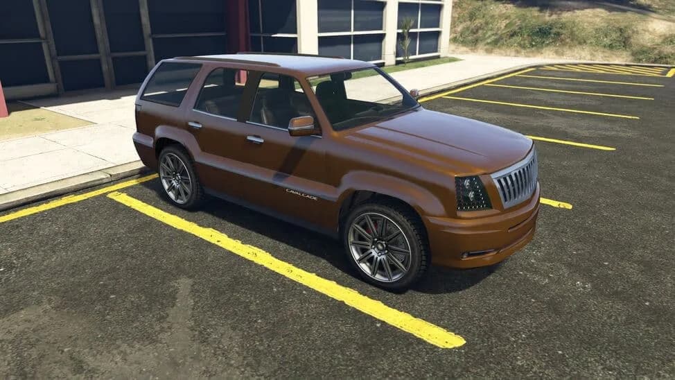 The Albany Cavalcade (Second Generation), a bronze full-size SUV with a chrome grille, parked in a car park, in GTA Online.