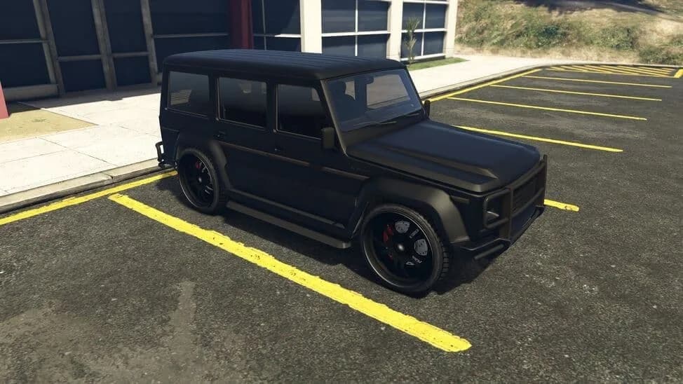 The Benefactor Dubsta (Custom), a black boxy luxury off-roader on black wheels, parked in a car park, in GTA Online.