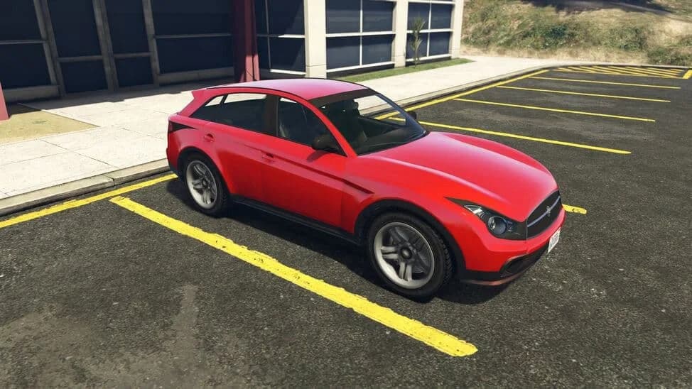 The Fathom FQ 2, a red crossover SUV, parked in a car park, in GTA Online.