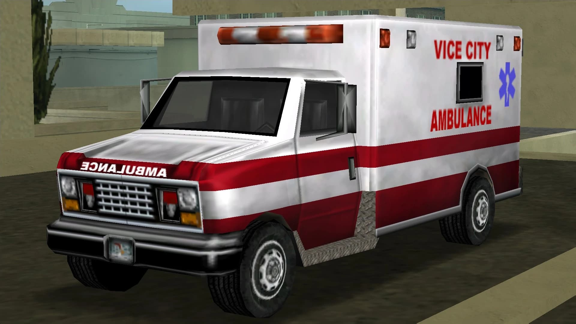 A white and red Vice City ambulance, front three-quarter view.