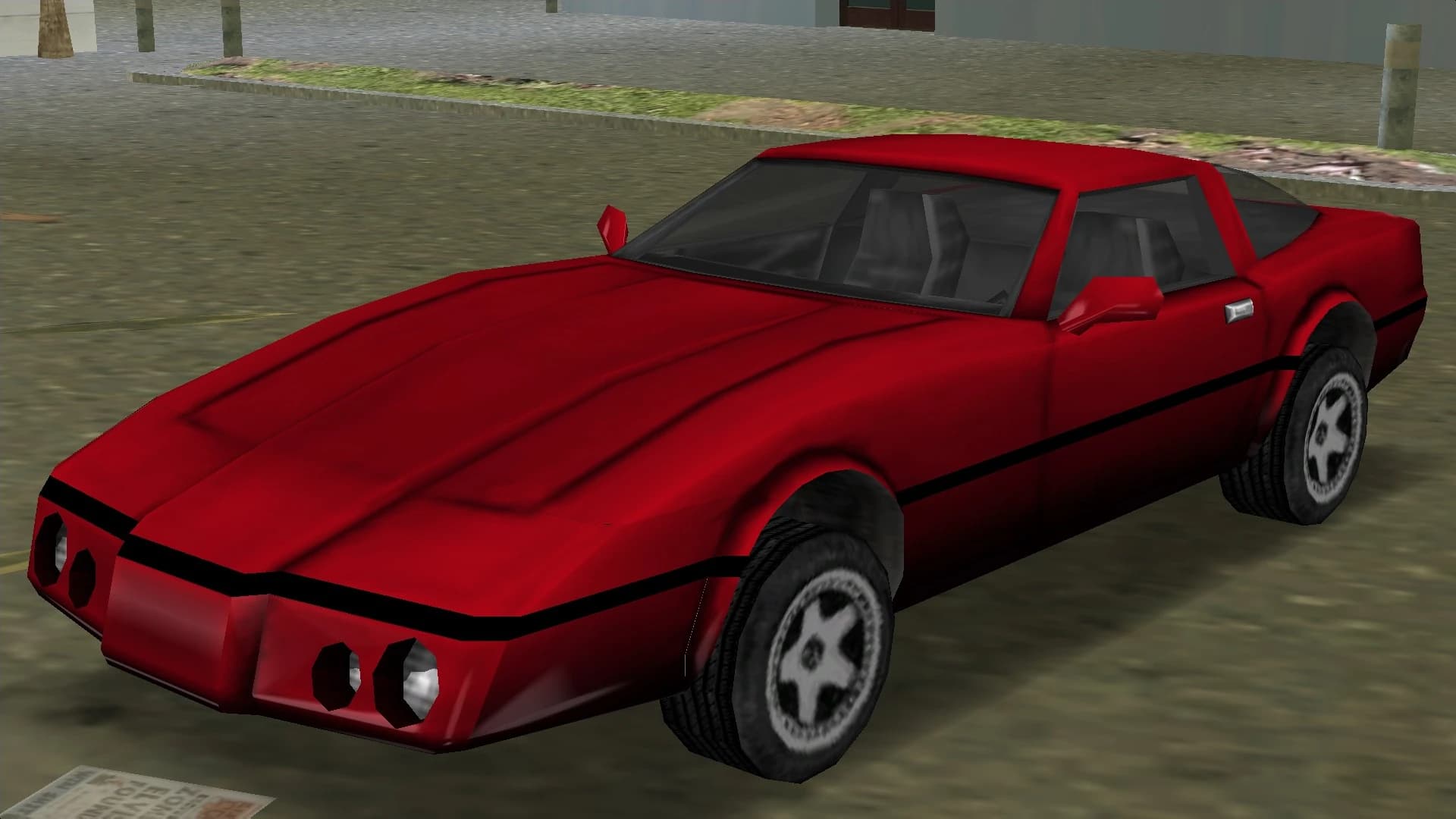 A red Banshee sports coupe with pop-up headlights, front three-quarter view.