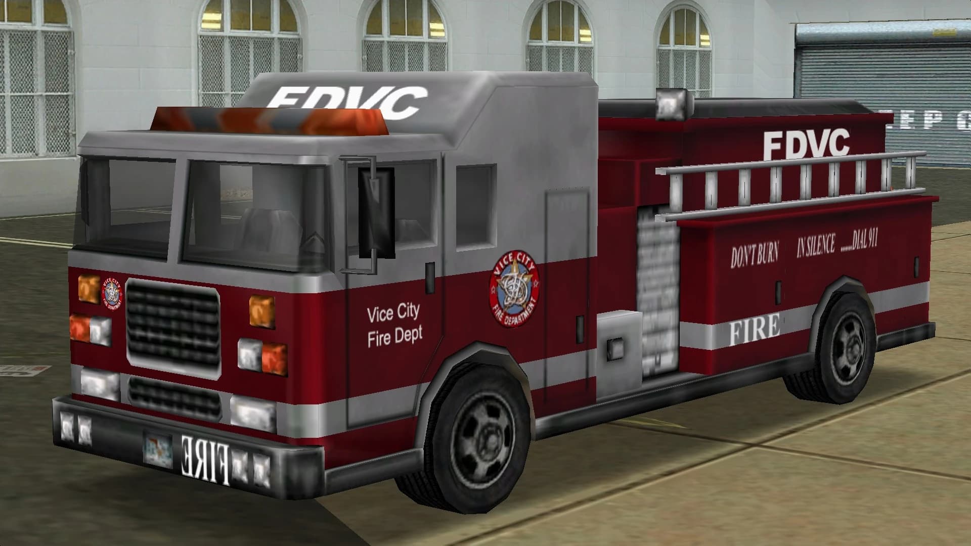 A red and grey Vice City Fire Department engine lettered FDVC, front three-quarter view.
