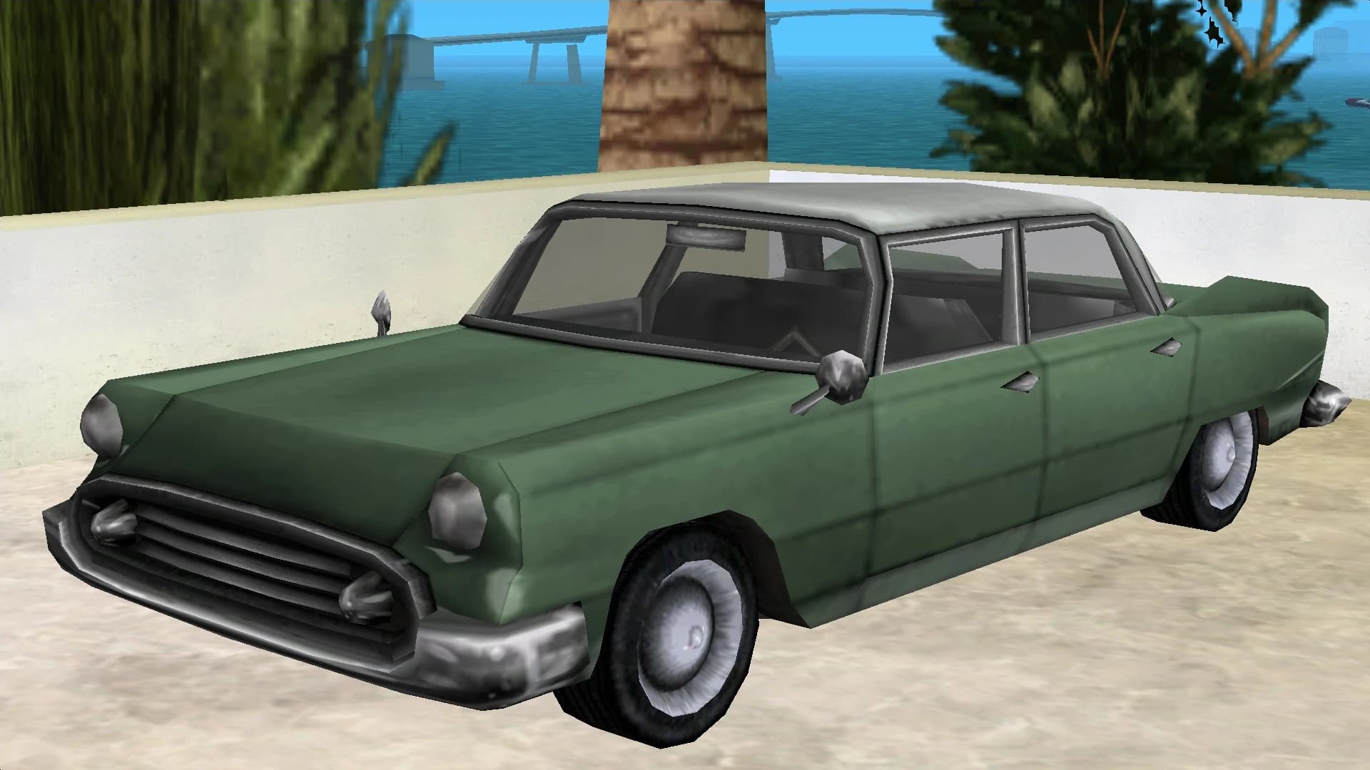 A green Glendale saloon with a white roof, front three-quarter view.