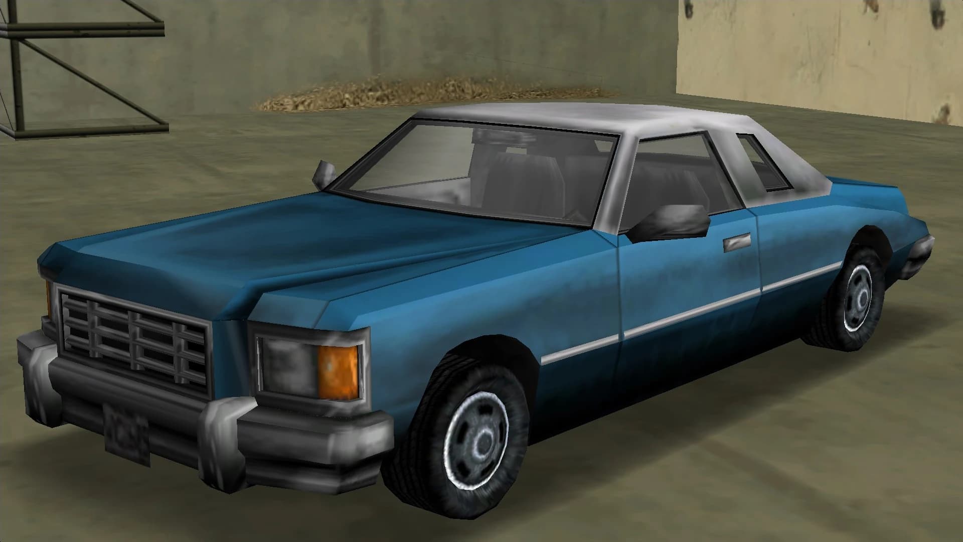 A blue Idaho coupe with a white roof, front three-quarter view.