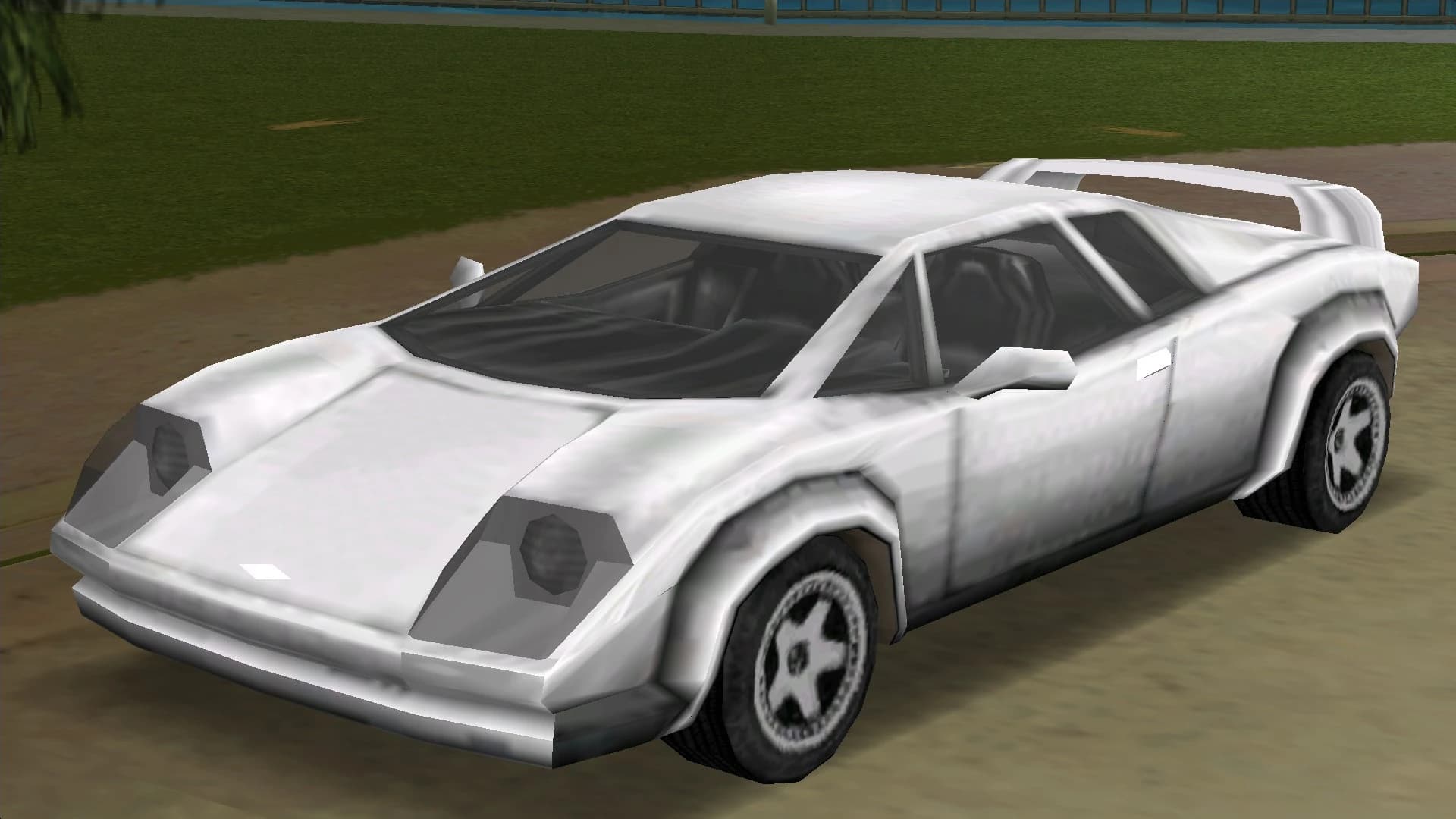 A white Infernus supercar with a rear wing, front three-quarter view.