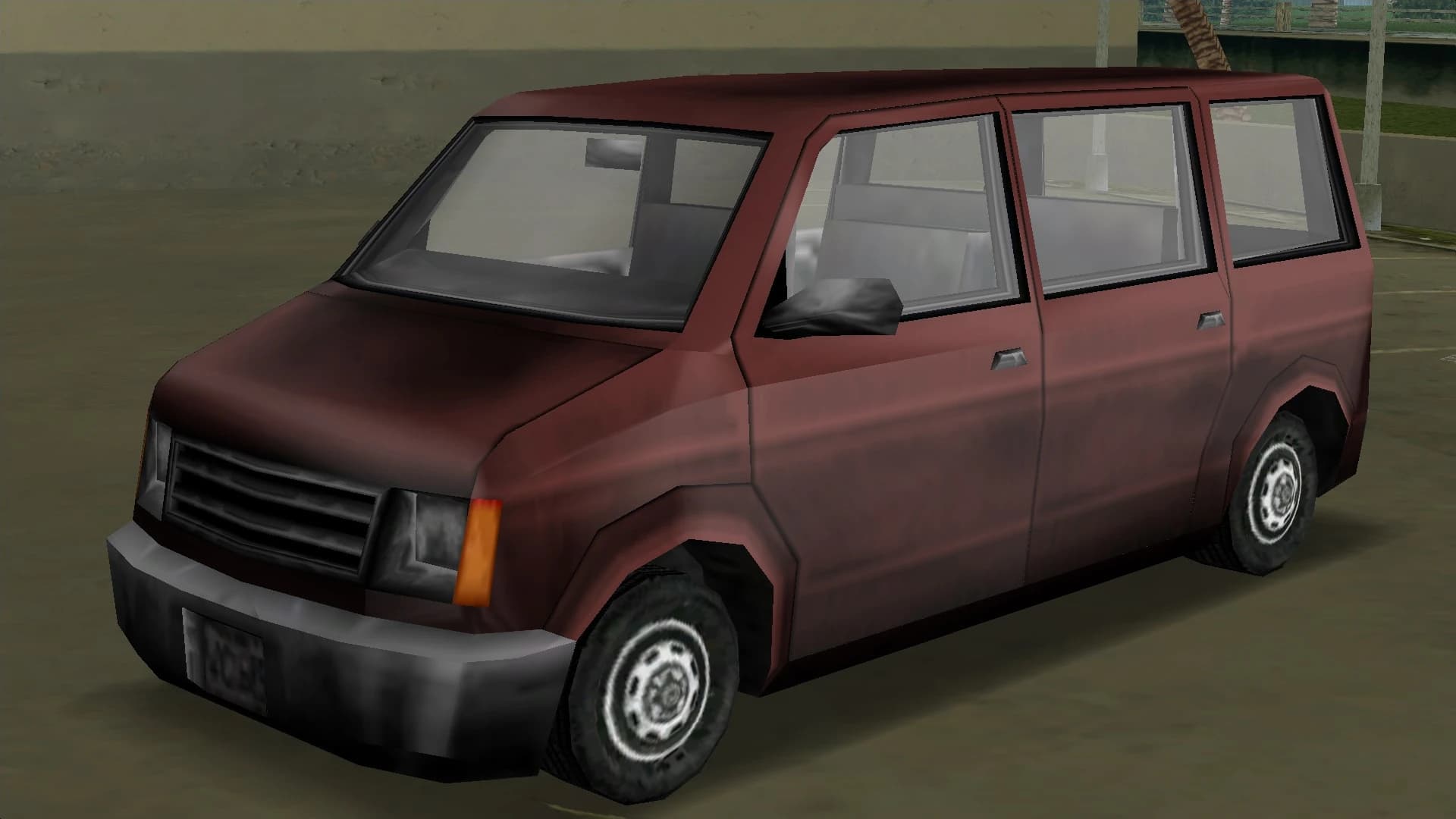 A maroon Moonbeam van, front three-quarter view.