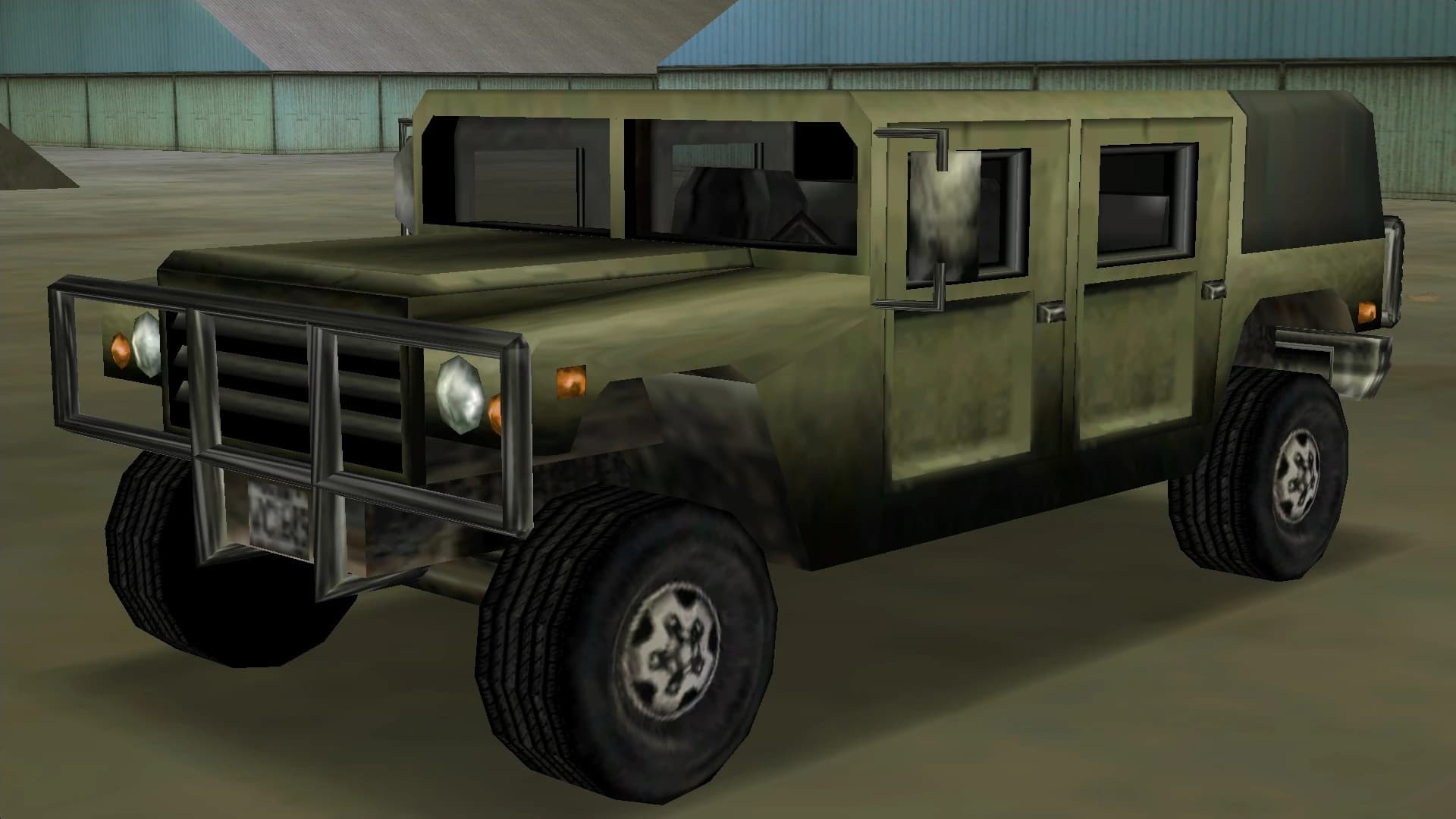 An olive green Patriot four-by-four with a grille guard, front three-quarter view.