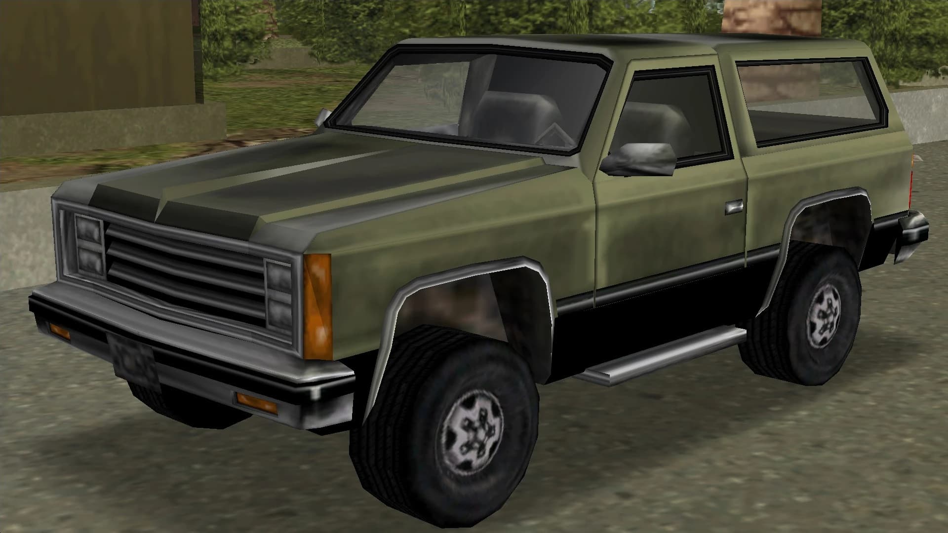 An olive Rancher four-by-four, front three-quarter view.