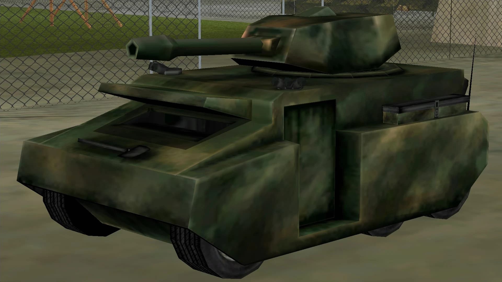 A camouflaged Rhino tank, front three-quarter view.