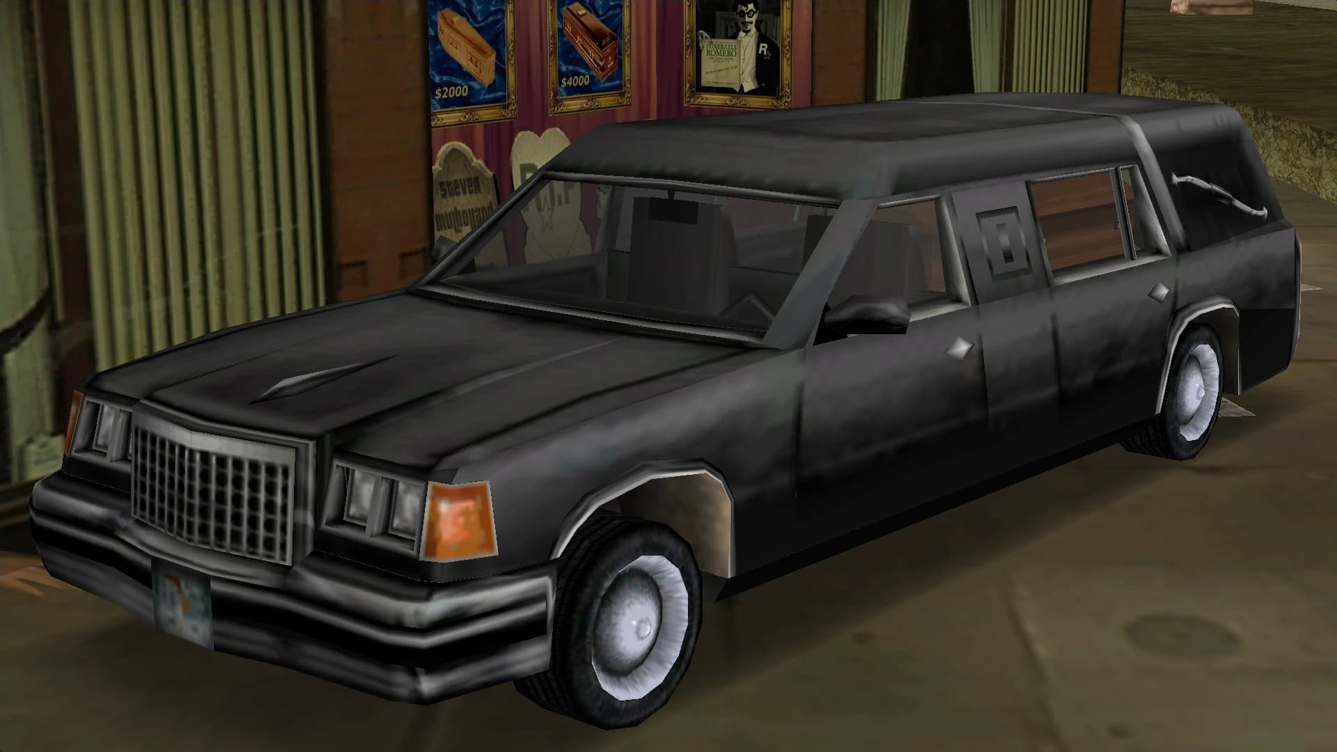 A black Romero's Hearse outside a funeral parlour, front three-quarter view.