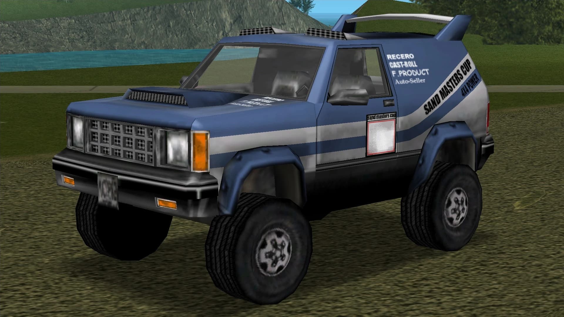 A blue and white Sandking on oversized tyres in Sand Masters Cup livery, front three-quarter view.