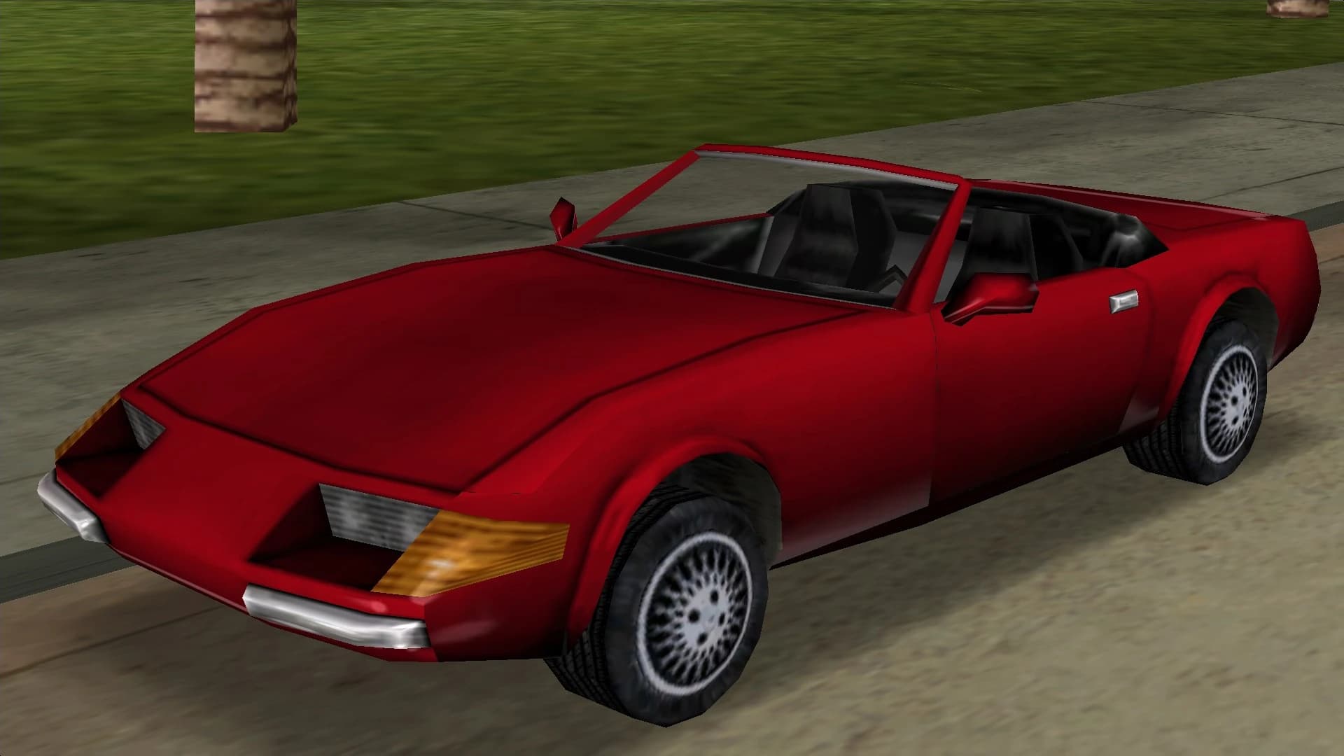 A red Stinger convertible, front three-quarter view.