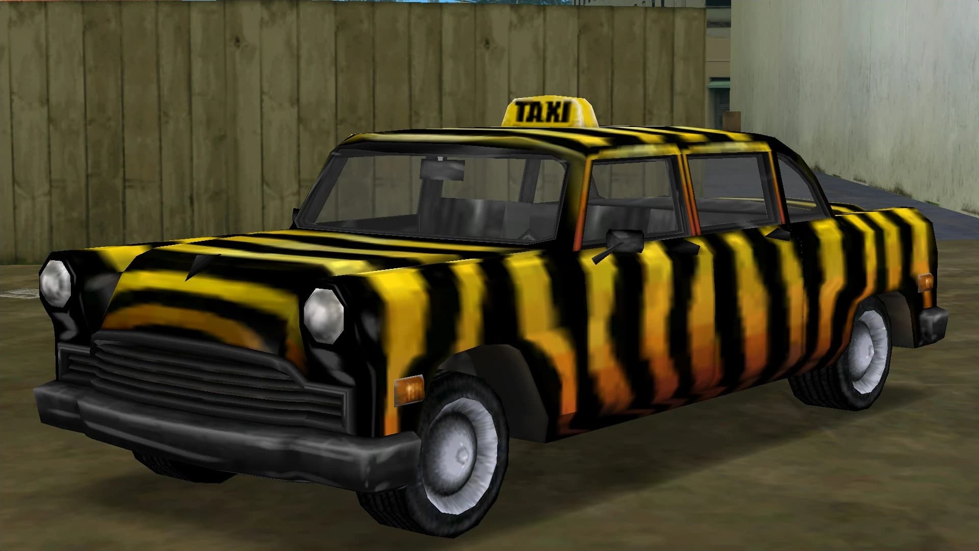 A Zebra Cab in yellow and black tiger stripes with a TAXI roof sign, front three-quarter view.