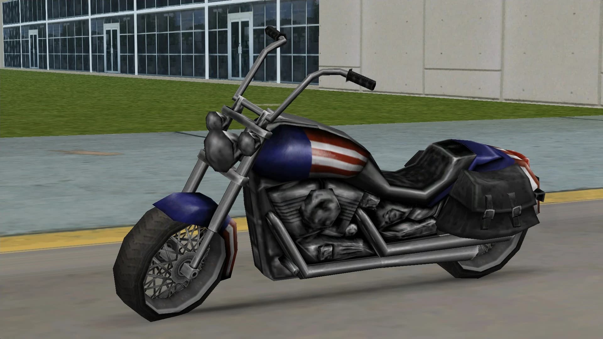 An Angel cruiser motorcycle with a stars-and-stripes fuel tank and high handlebars, side view.