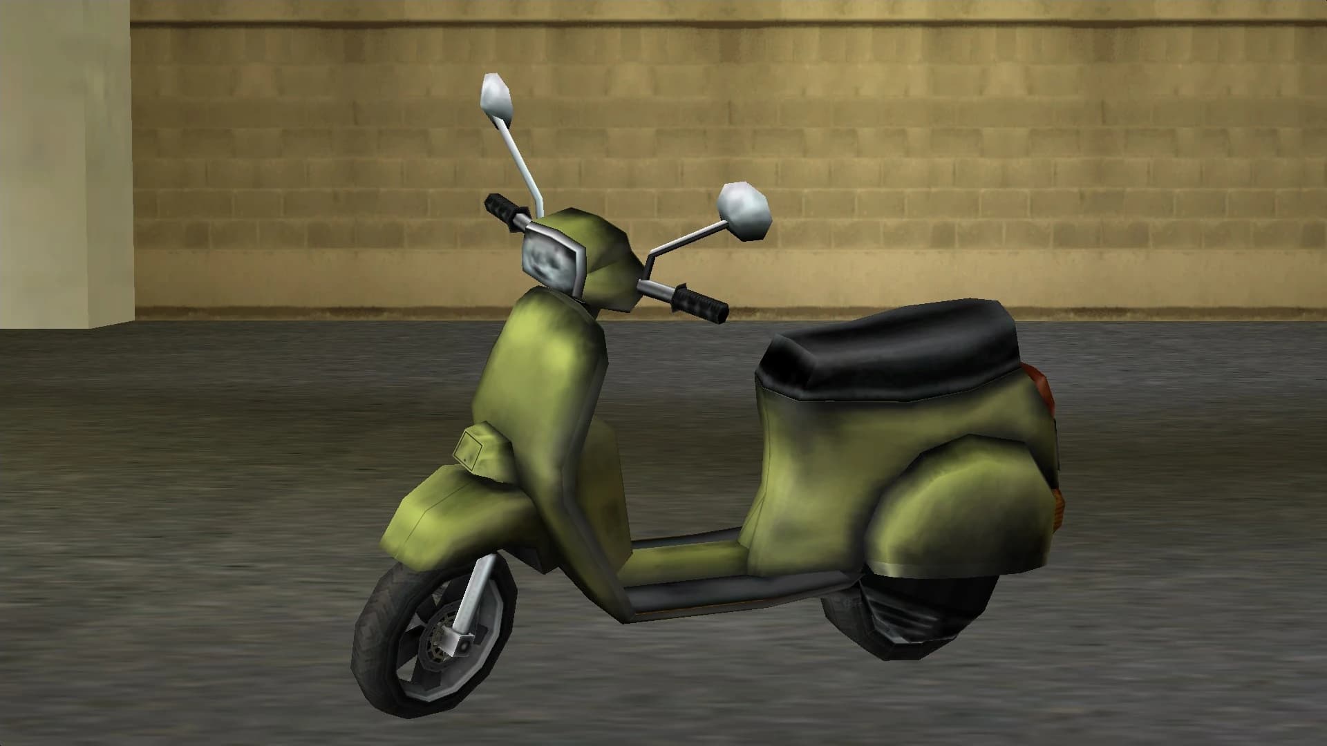 An olive Faggio scooter, side view.