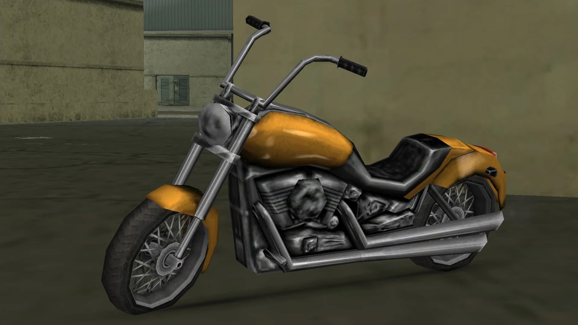 A yellow Freeway cruiser motorcycle, side view.