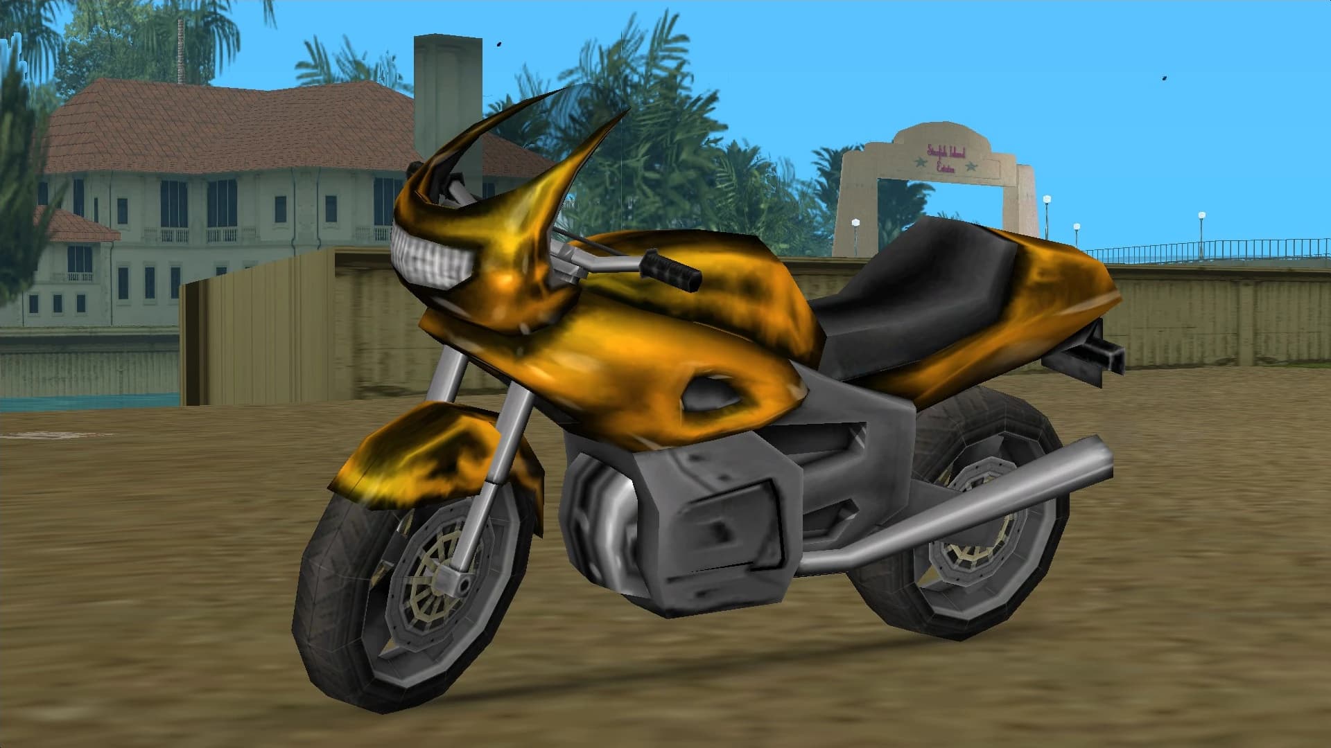A gold PCJ-600 sports motorcycle, side view.