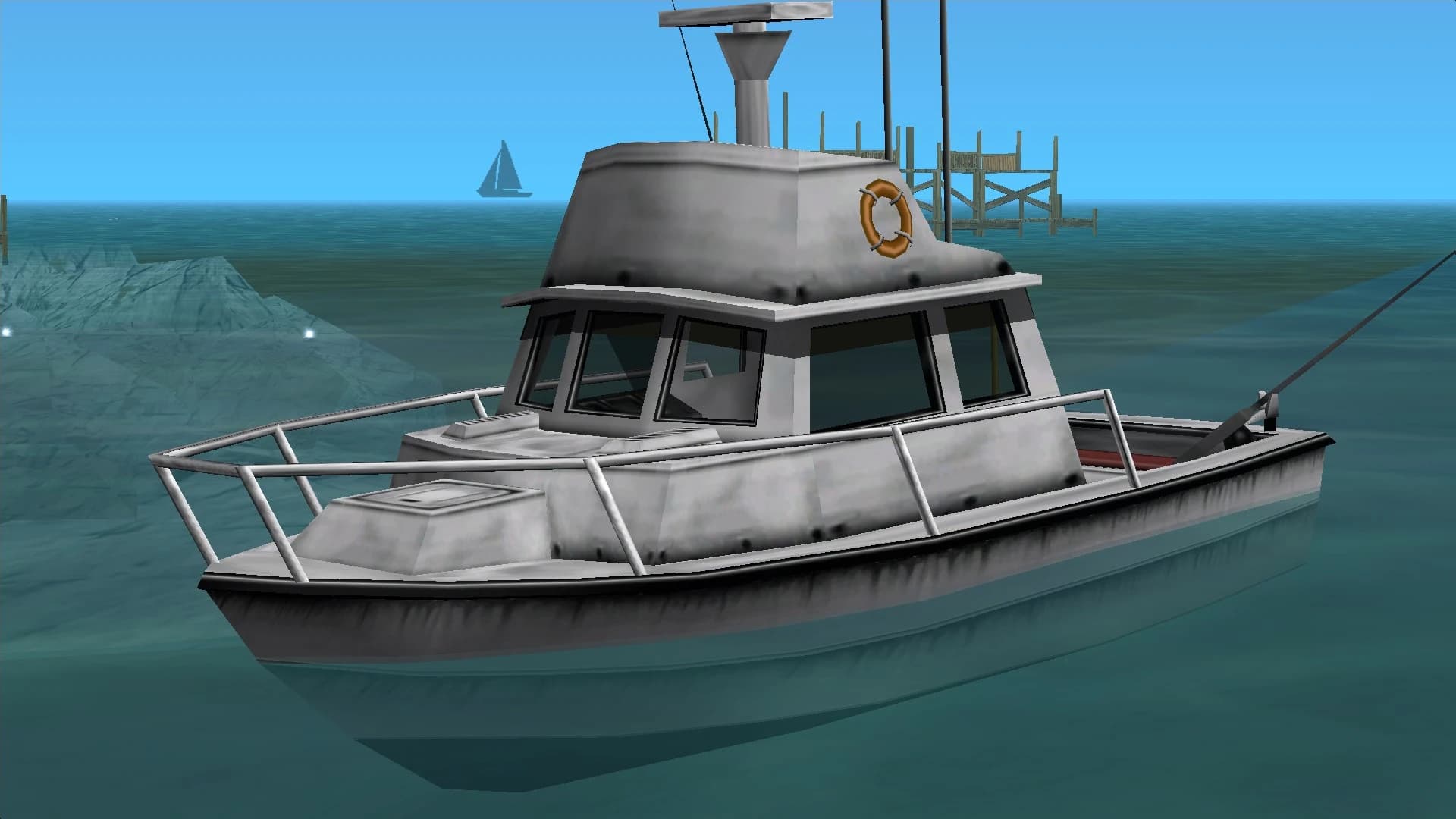 A white Reefer fishing boat, on the water.