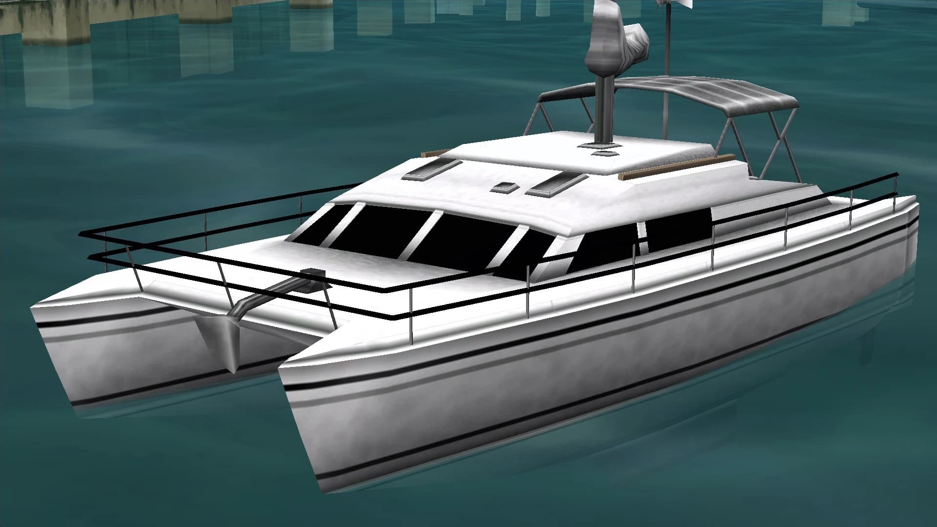 A white Rio catamaran, on the water.