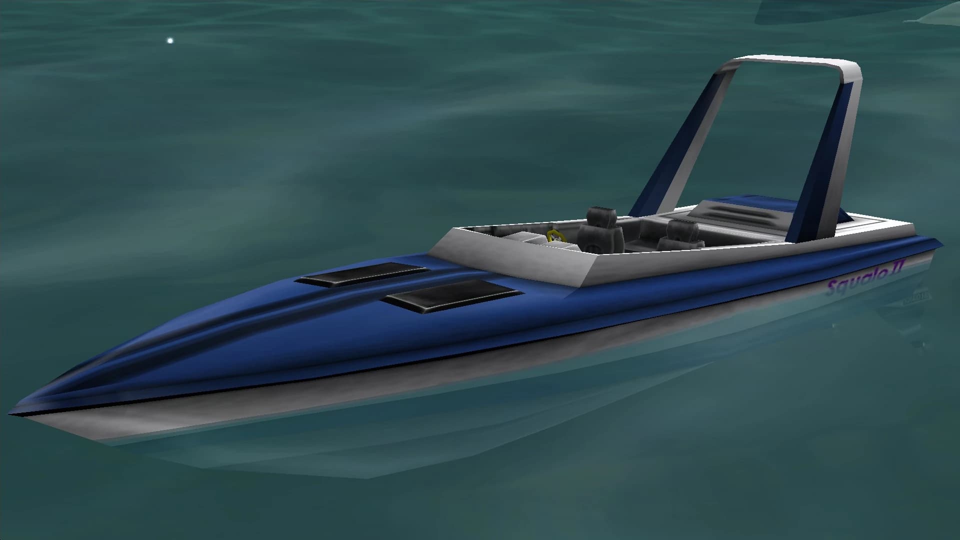 A blue and white Squalo speedboat, on the water.