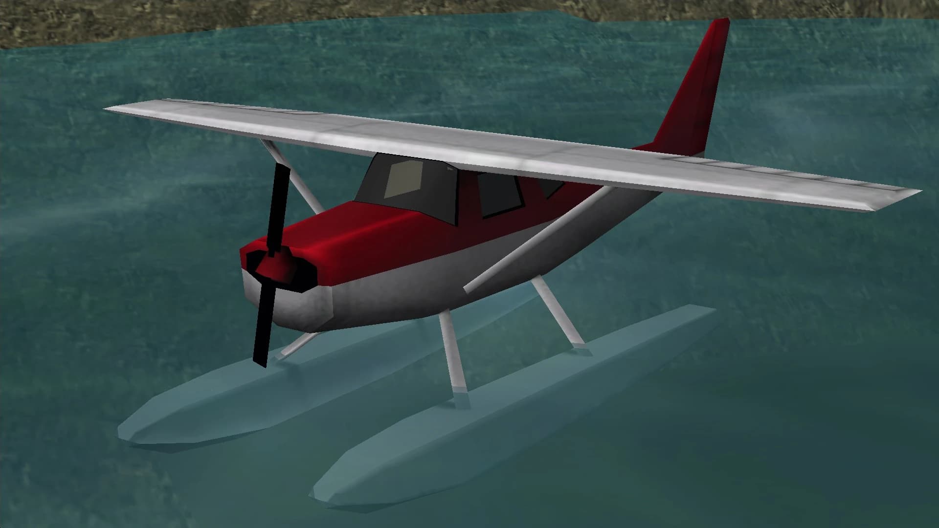 A red and white Skimmer floatplane, on the water.
