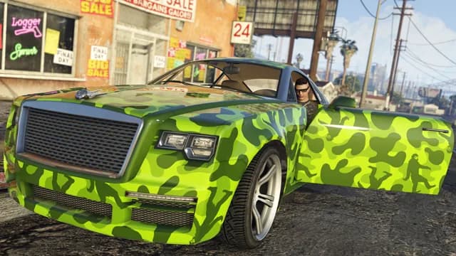 A green camouflage Enus Windsor coupé with its door open, front three-quarter view, in GTA Online.